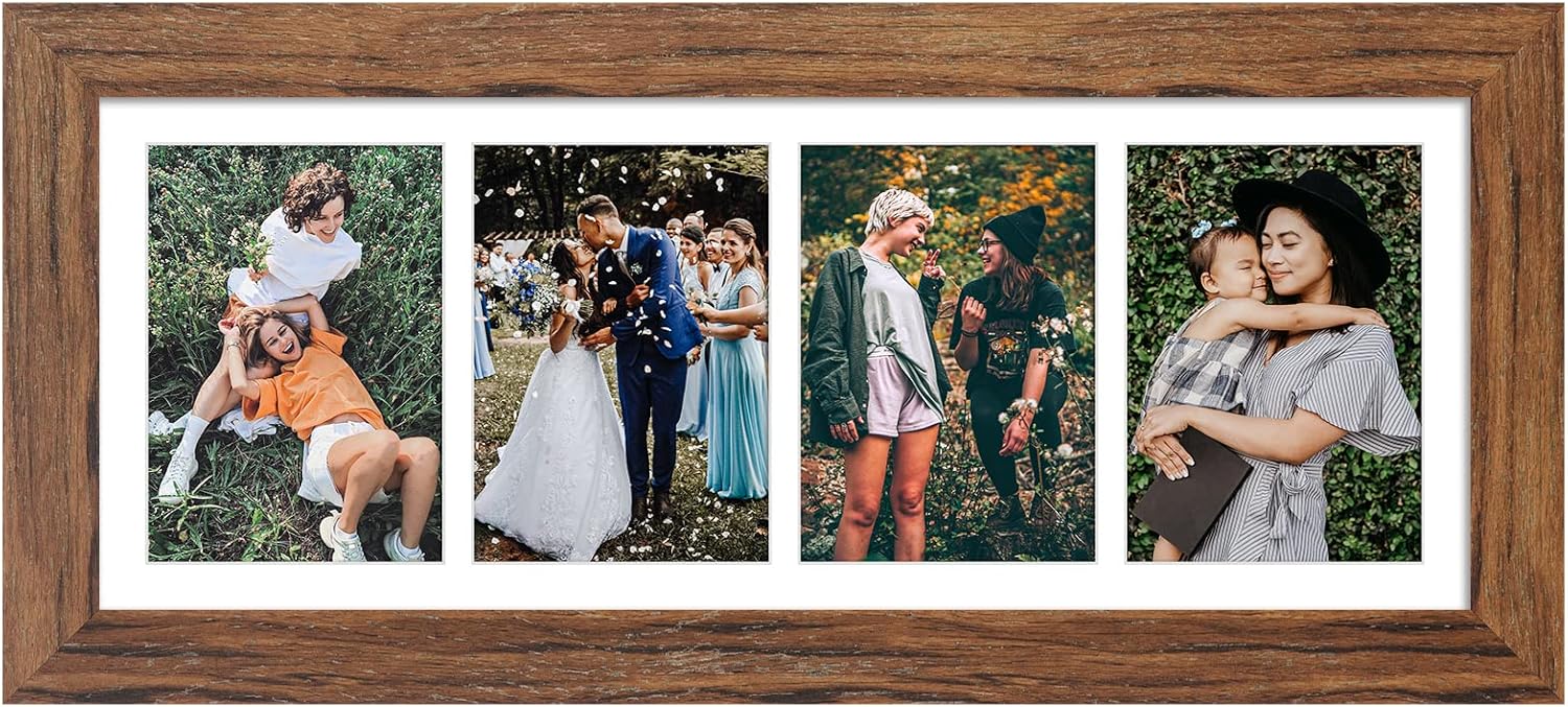 8x21 Picture Frame Display 4 opening 5x7 Collage Picture Frame,Multi Photo Frame with Mat,Plexiglass,Horizontal and Vertical Formats for Wall Decor,Carbonized Brown Wood Grain Distressed White 8x21 - (4 open5x7?