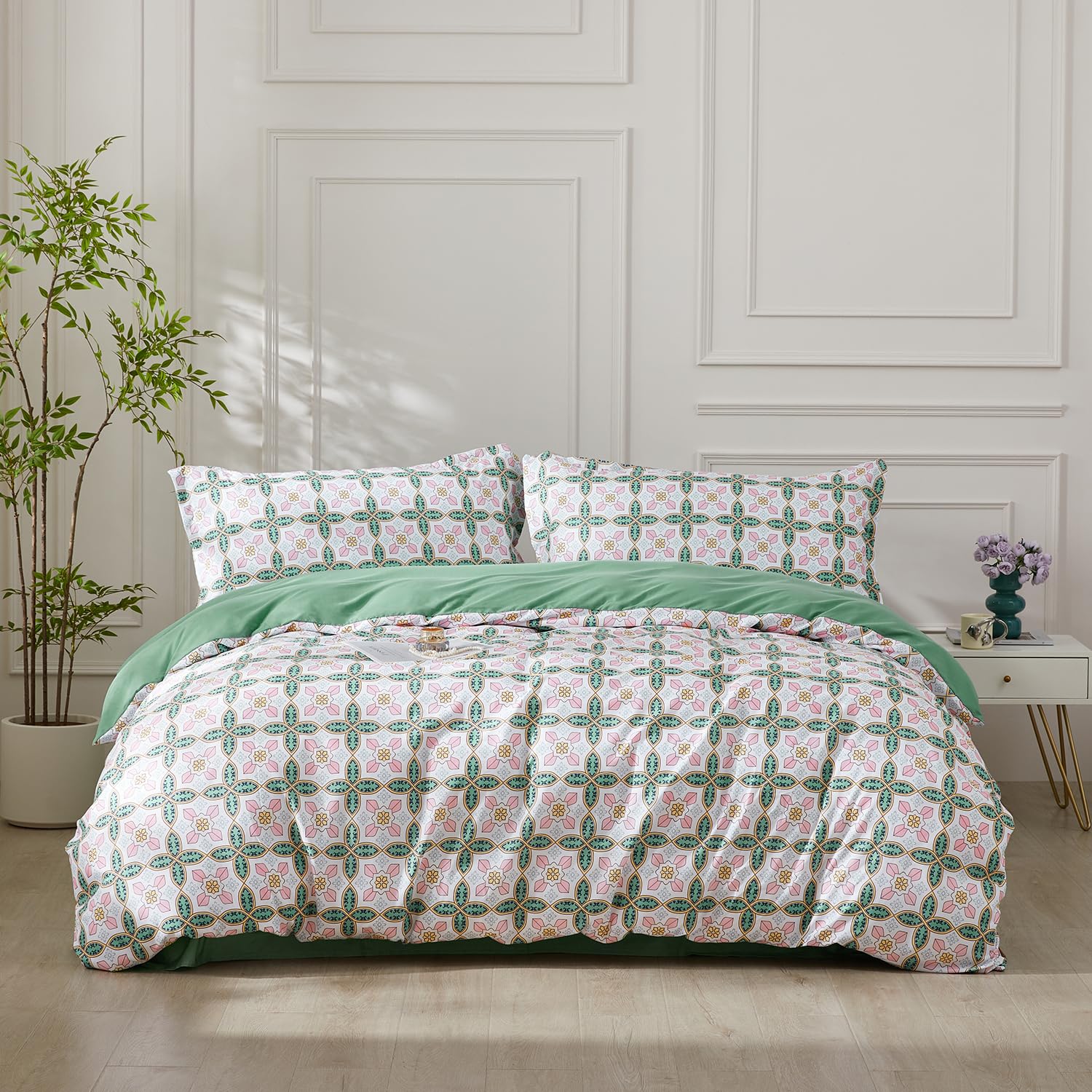 SAPHREAS King Boho Duvet Cover Green Paisley Bedding Set with 8 Corner Ties and 2 Pillow Shams Microfiber Reversible Duvet Cover Set with Zipper