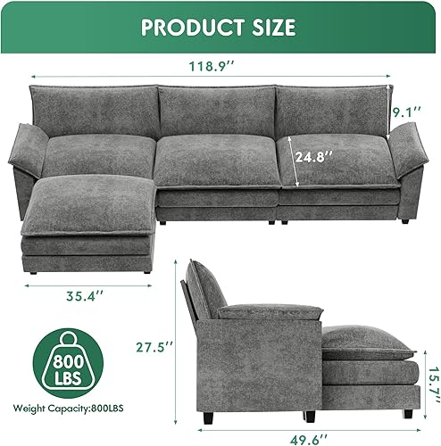 Miniatura 2 de YESHOMY Sofá modular modular en forma de L de tela de felpilla con esponjas suaves y de alto apoyo y otomana extraíble, cómodo mueble tapizado para