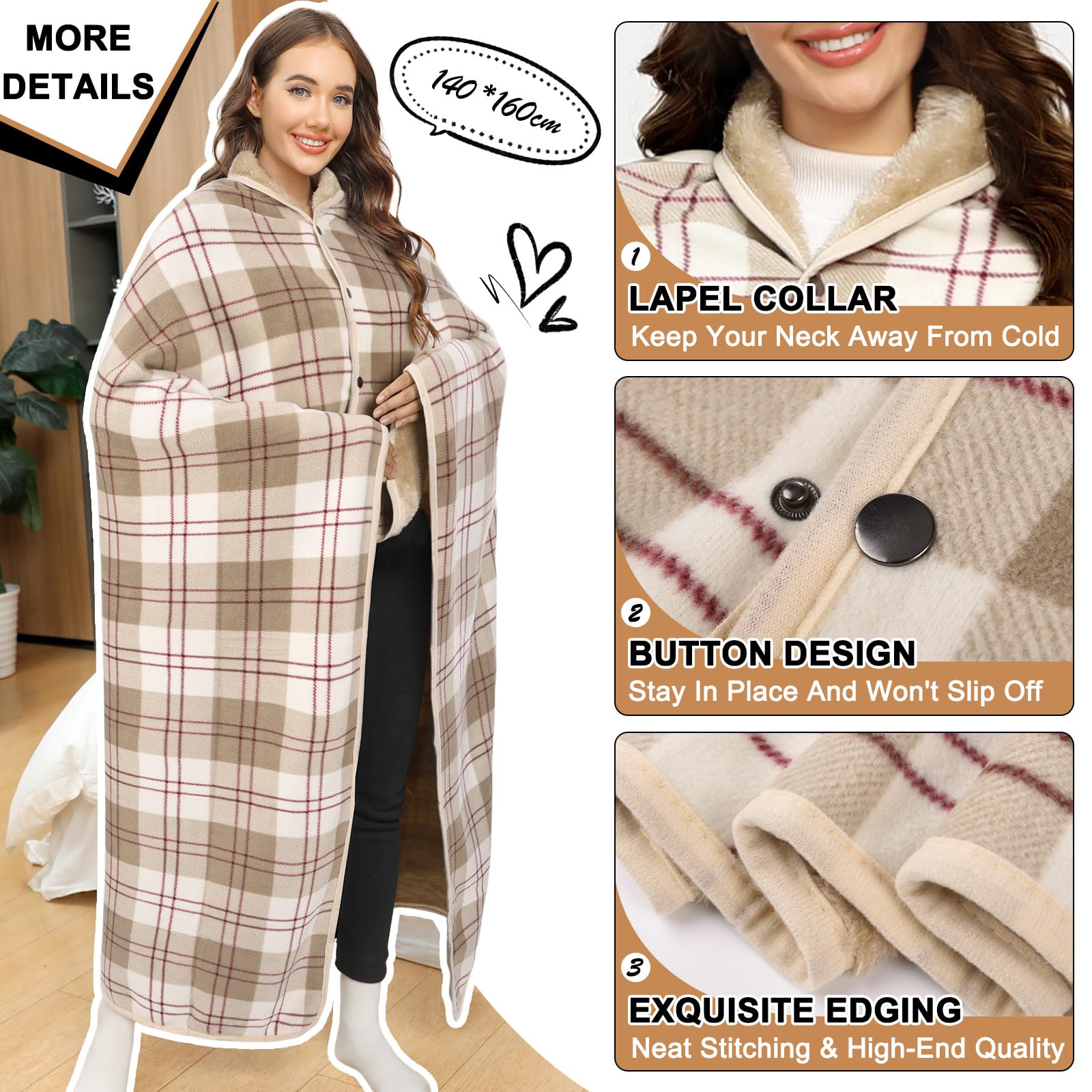 heekpek Femmes Ponchos Multiway Sherpa Polaire Châles Wraps Hiver Chaud Doux Grosse Cape avec Boutons Couverture À Carreaux Poncho Surdimensionné pour La Maison Bureau École
