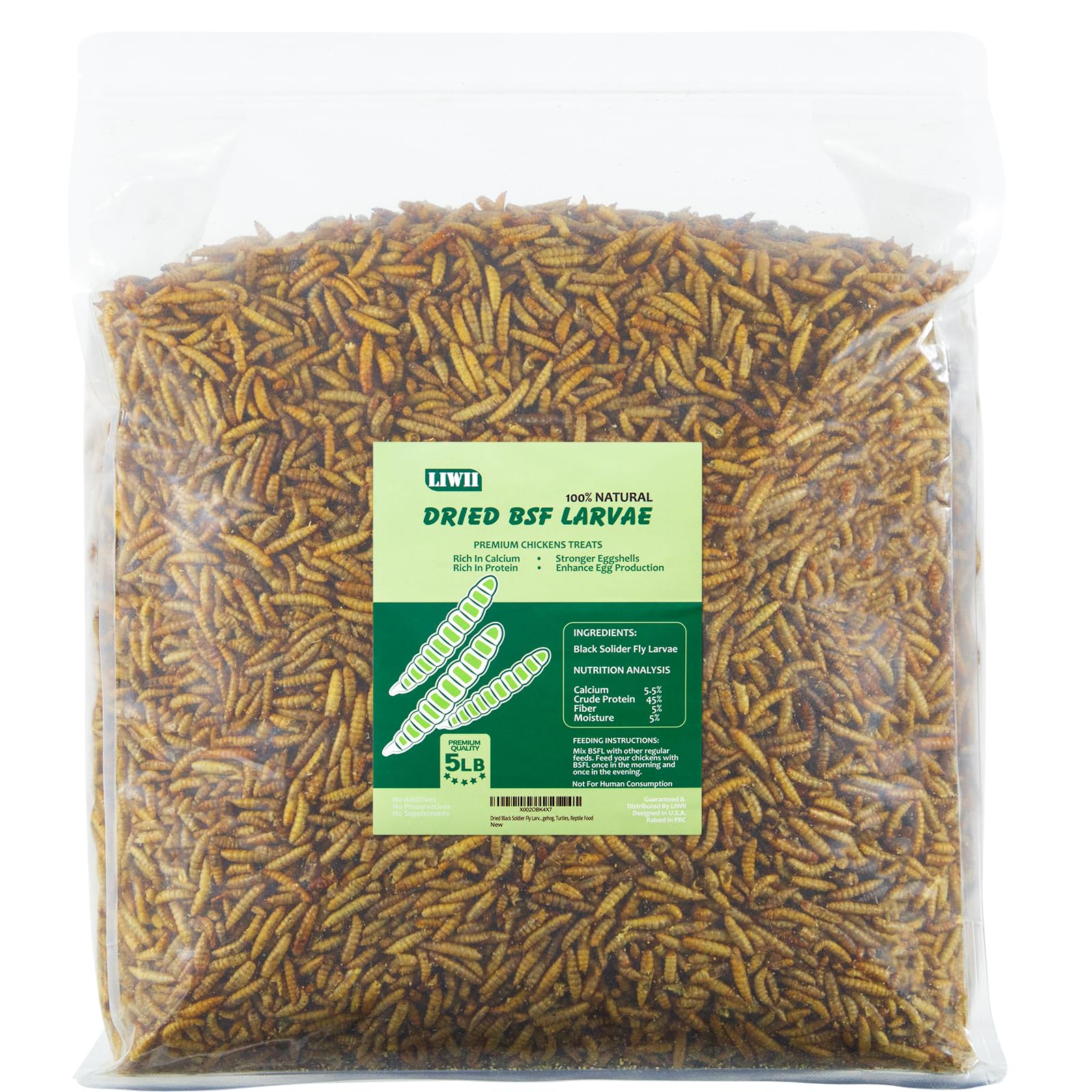 5LB Dried Black Soldier Fly Larvae, 86X Calcium Than Dried Mealworms, High Protein Non-GMO Organic Chicken Feed Reptile & Amphibian Food