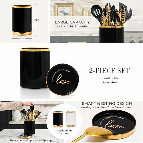 Miniatura 8 de Styled Settings Juego de utensilios de cocina de 8 piezas en negro y dorado con elegante soporte, herramientas de cocina de silicona y organizador