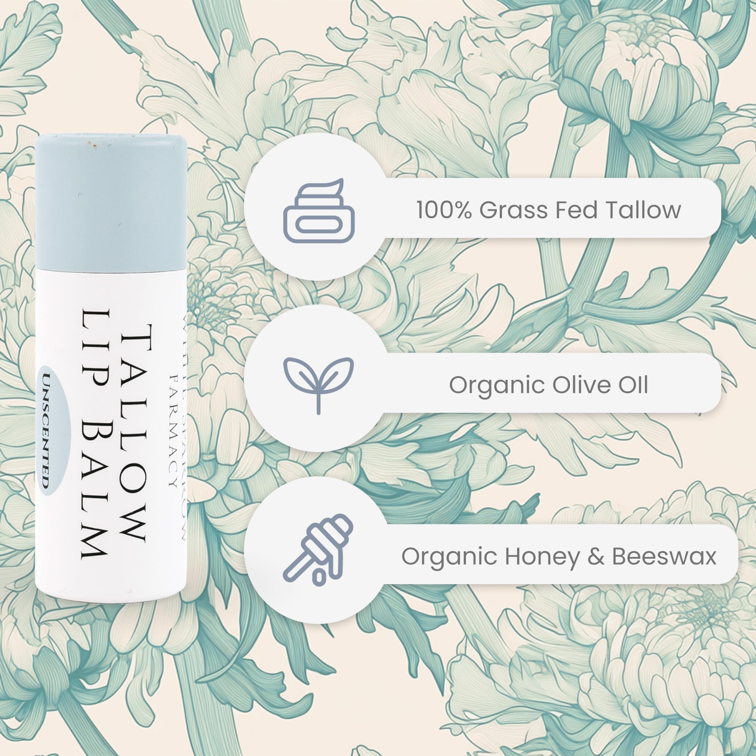 Bálsamo labial orgánico con sebo (sin perfume) de vacas alimentadas con hierba, súper hidratante con sebo, aceite de oliva, miel y aceite de girasol.