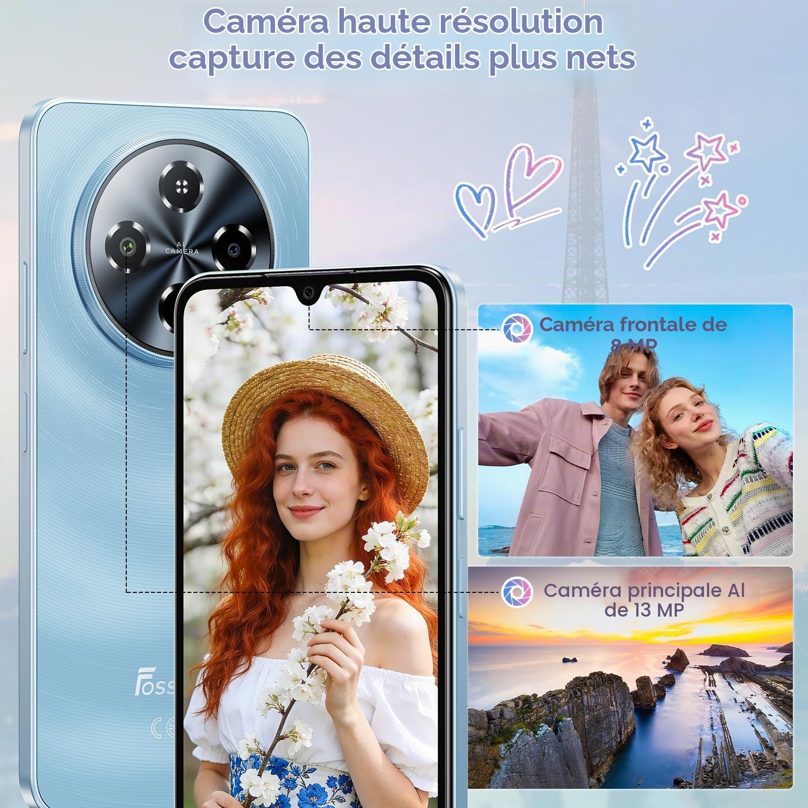 FOSSiBOT S5-120Hz+6.88" Écran Telephone Portable, 6000mAh Telephone Android 15, 16Go+128Go/TF 1To Smartphone Pas Cher, Gemini AI, Dual SIM 4G/8.5mm/215g téléphone Pas Cher | 6000mAh