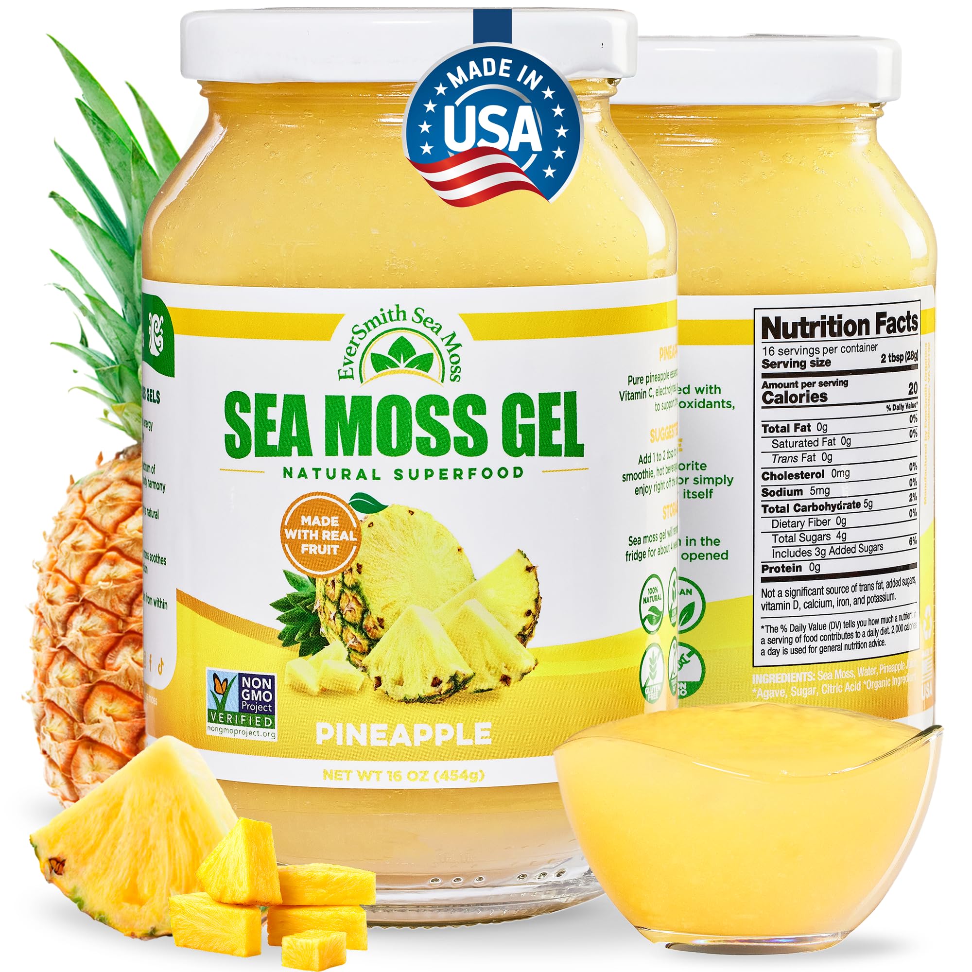 EverSmith Organics - Wildcrafted Irish Sea Moss Gel | Made in USA | Rich in Vitamins & Minerals | Sea Moss Gel Raw | Nutritional Supplement | Pineapple (16 oz)