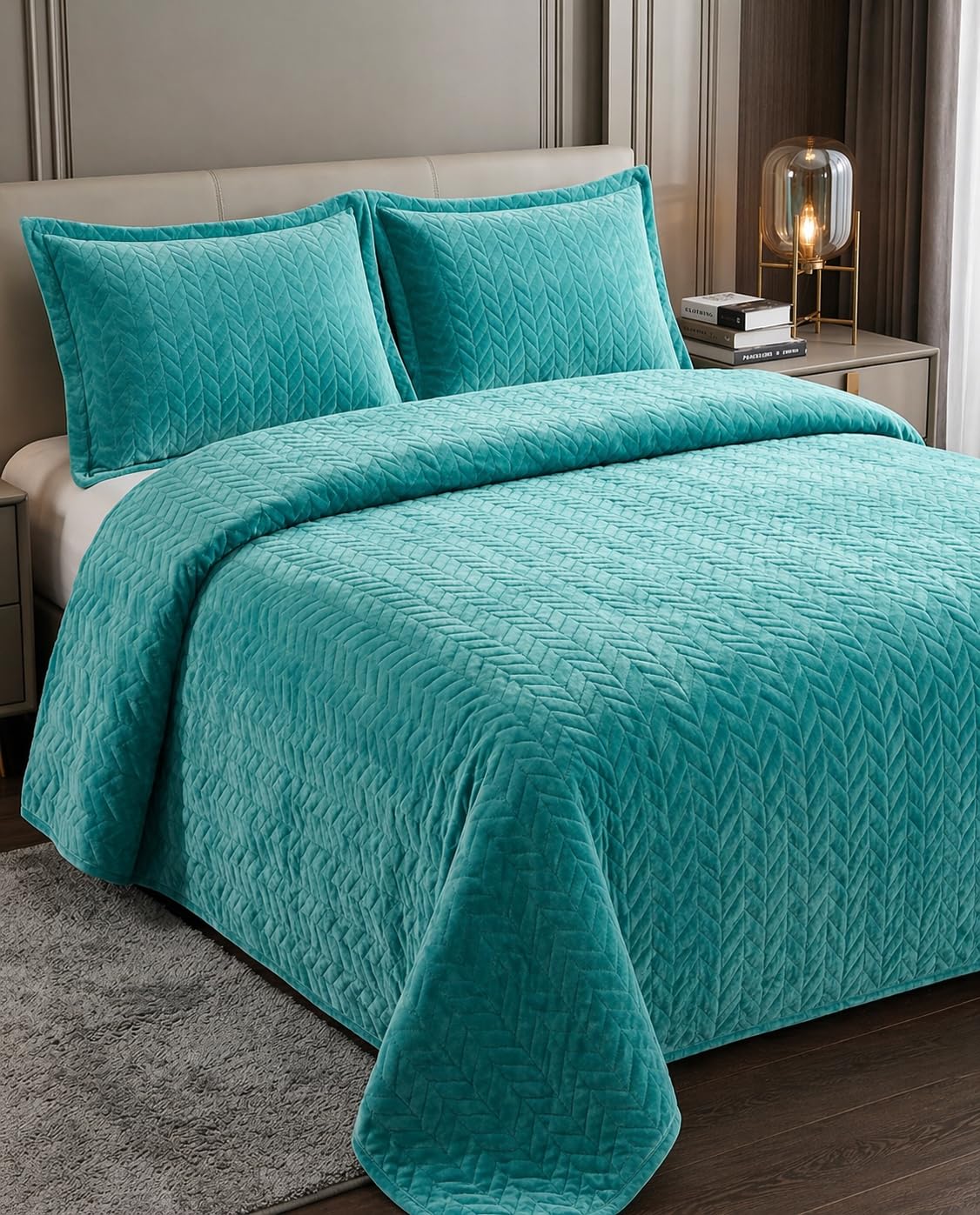 Bedspread Velvet 3 Piece Set | Quilted Soft Touch Bed Cover with 2 Pillow Covers | King Size Blue Colour Bubble Embossed Pattern | Embossed Pattern Luxury Bedding Set-image-12