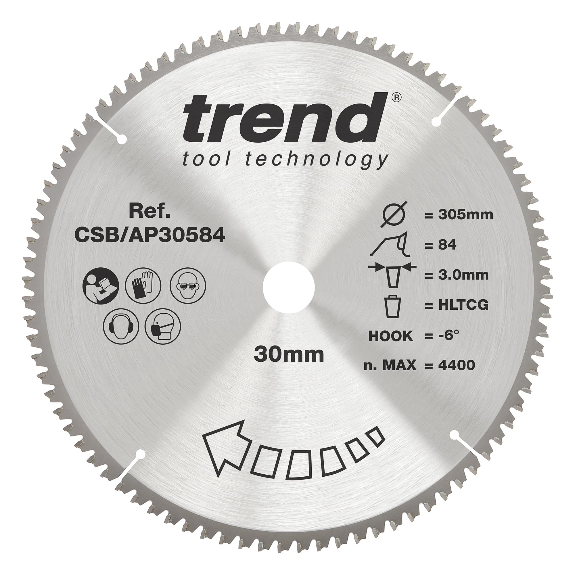 Trend Aluminium & Plastic Circular Saw Blade, 305mm Diameter, 30mm Bore, 84 Teeth, 3mm Kerf, -6° Hook, TCT, Extra-Fine Finish, CSB/AP30584