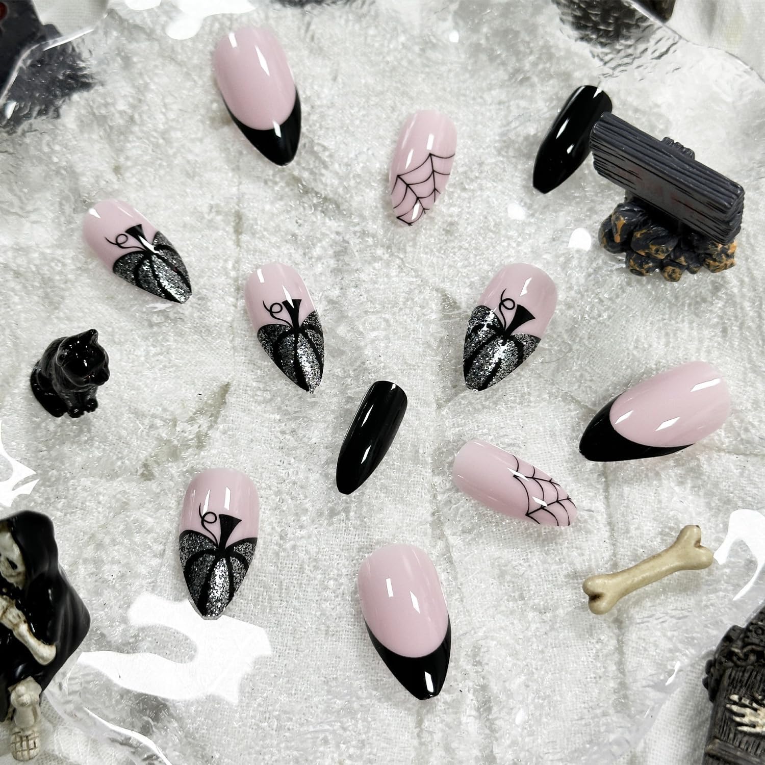Halloween Press on Nails Medium Almond with Pumpkin Spider Web Designs Halloween Black Fake Nails Full Cover Acrylic Glossy Nails Glue on Nails for Women 24Pcs