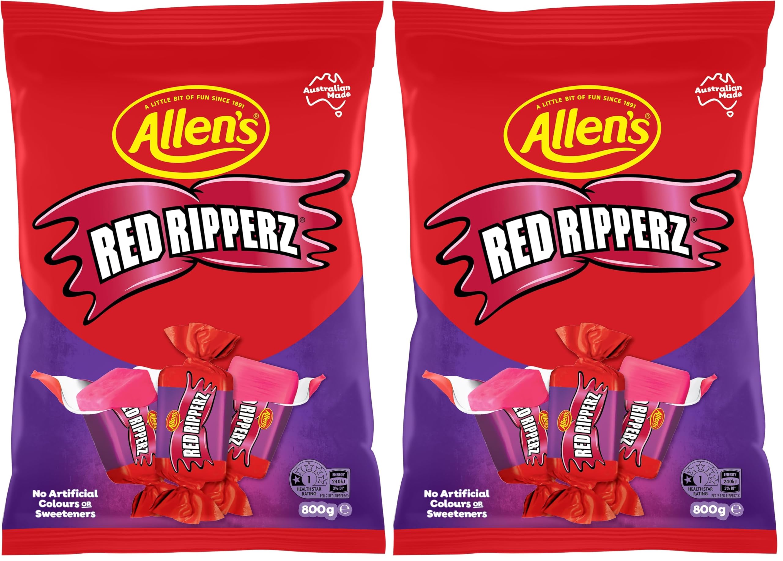 Allen's Red Ripperz Chewy Raspberry Flavour Bulk Bag Lollies, 800g (Pack of 2) - 800 g (Pack of 2)