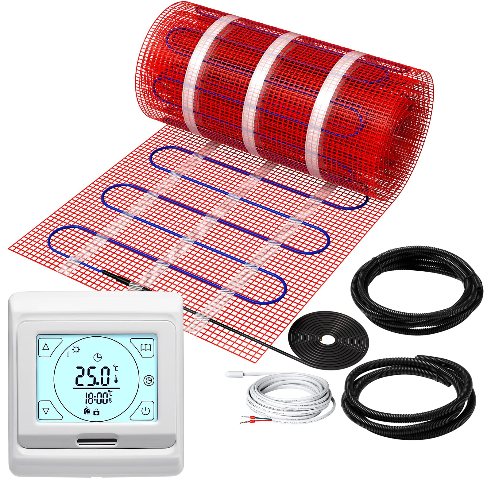 KEZERS Riscaldamento a pavimento elettrico 150 W/m², autoadesivo per piastrelle, laminato e altro, termostato digitale touch con programma settimanale per bagno, corridoio, camera da letto, soggiorno