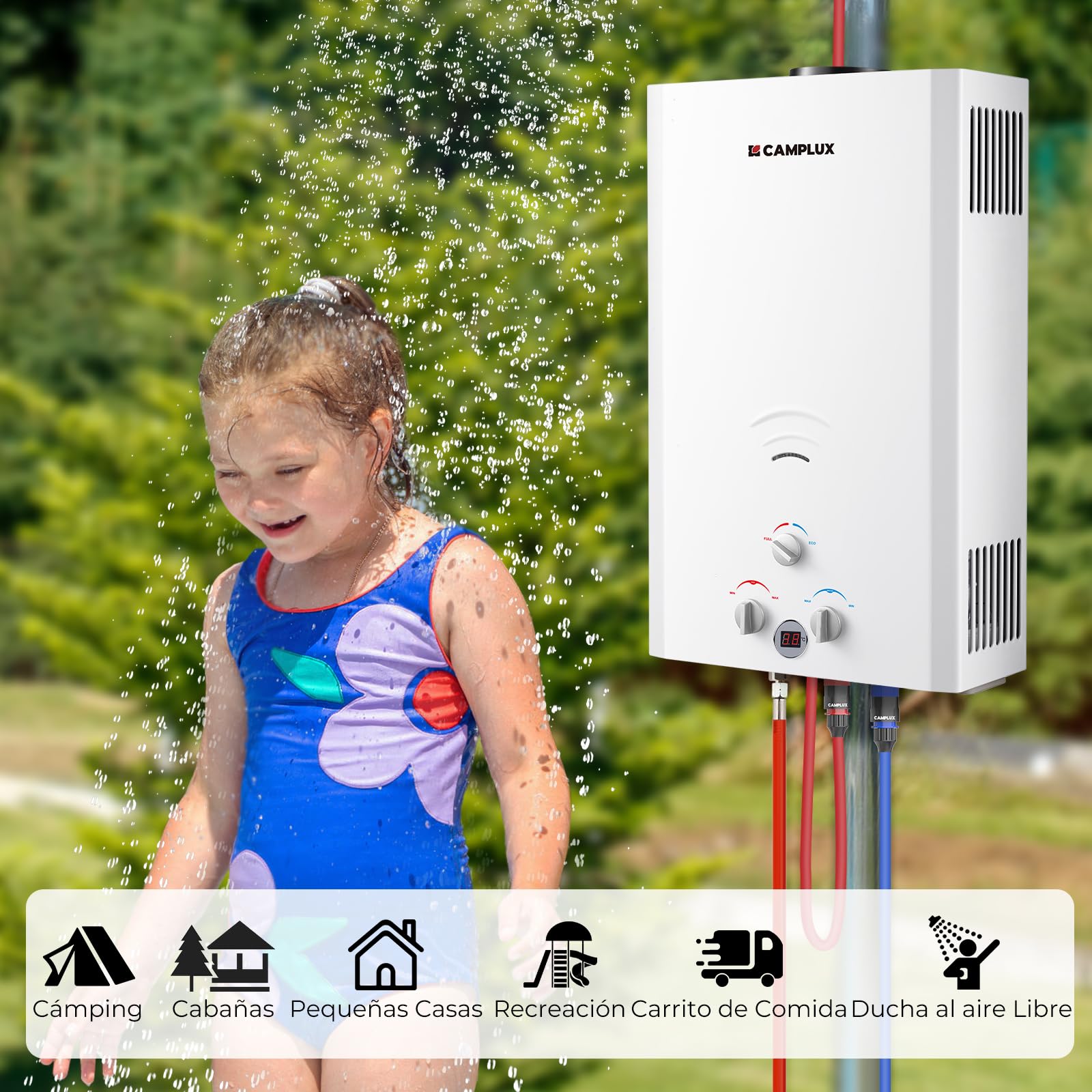 CAMPLUX Calentador de Agua a Gas de 16 Litros, GLP, 50mbar, para Campar, RV, 32kW