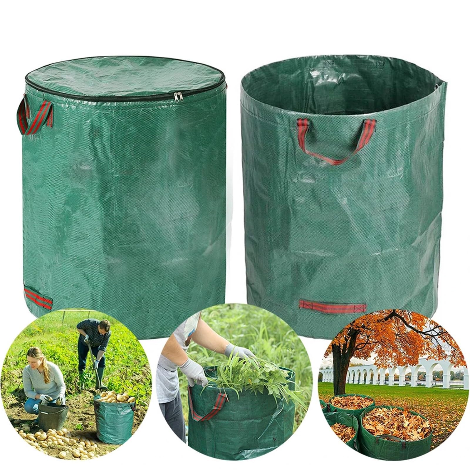 Bolsas de basura de jardín resistentes de gran capacidad, contenedor de recogida de hojas de polipropileno impermeable y reutilizable con tapa para una eliminación eficiente de los desechos del patio