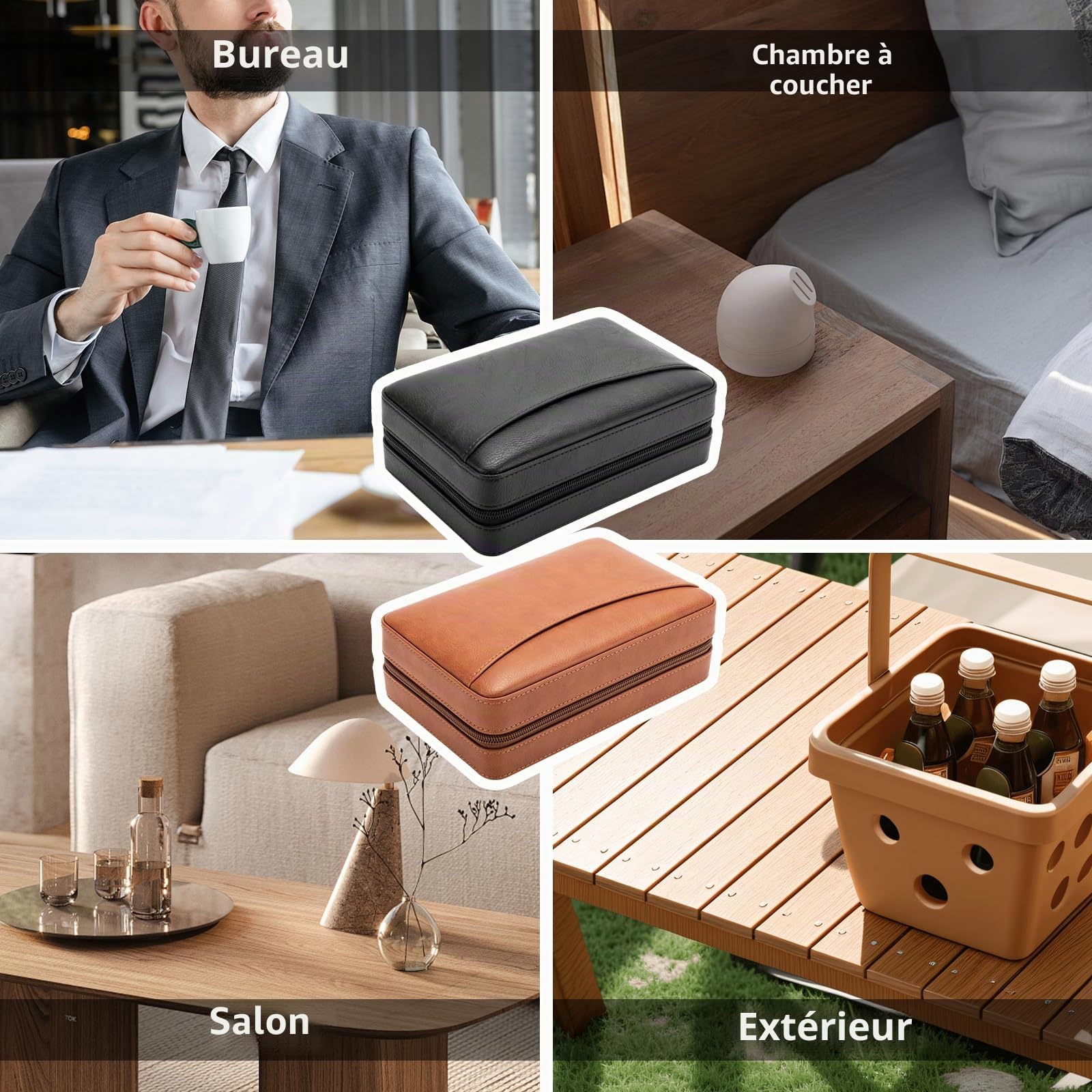 Boîte à cigares de Voyage avec poinçon, étui à cigares en Cuir doublé de Bois de cèdre pour 6 cigares, humidificateur Portable intégré pour Les Amateurs de cigares (Noir)