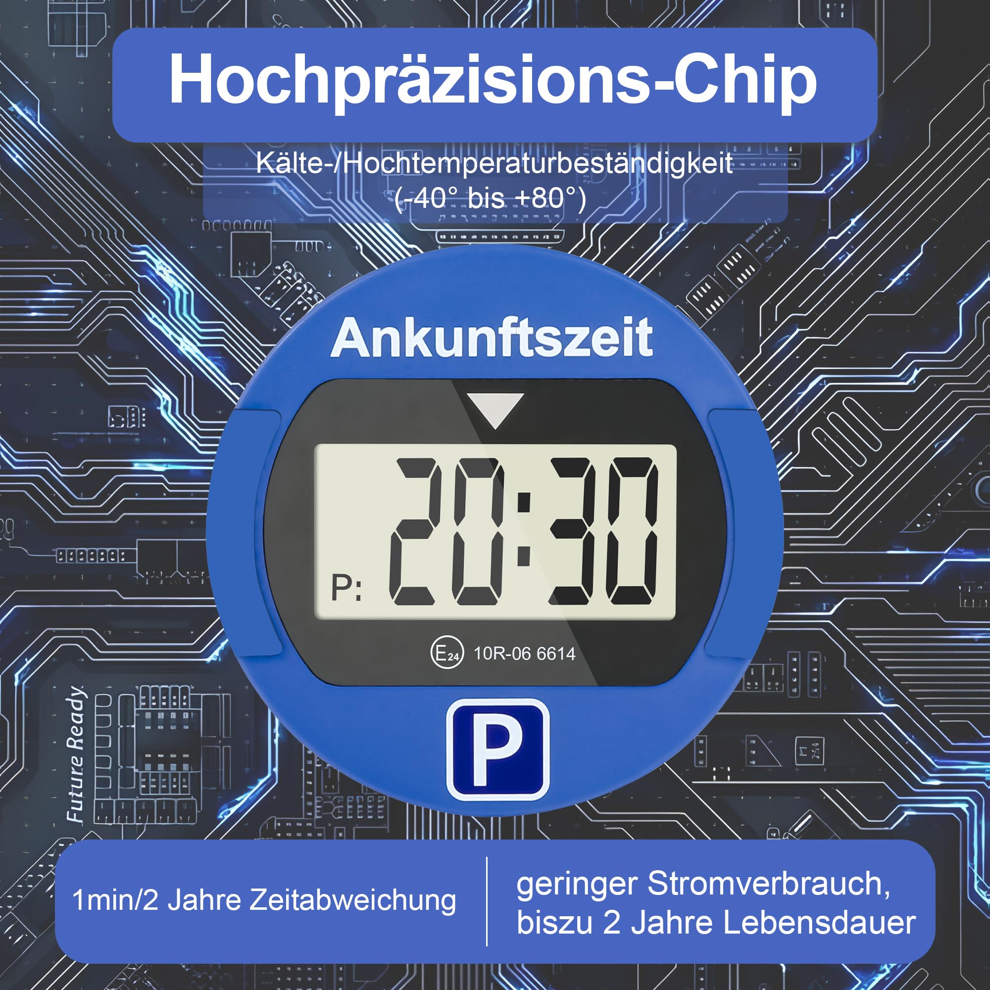 TEOV Elektronische Parkscheibe mit Zulassung KBA fürs Auto - Digitale Parkuhr mit Nachtmodus und Taktungseinstellung, Großer Bildschirm, präzise Zeitmessung, Rund. Blau oder Schwarz