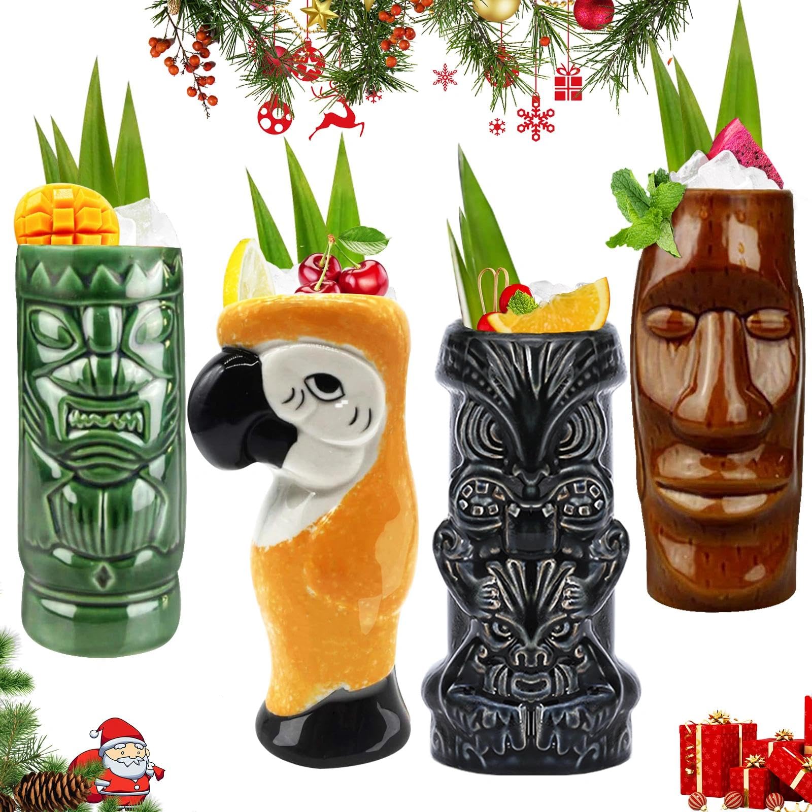 Tiki Mugs Cocktail Set of 4 - Tumblers Ceramic Hawaiian Luau Party Mugs Drinkware, Cute Exotic Cocktail Glasses, Tiki Bar Professional Hawaiian Party Barware, TKSET0003 (4PCS)