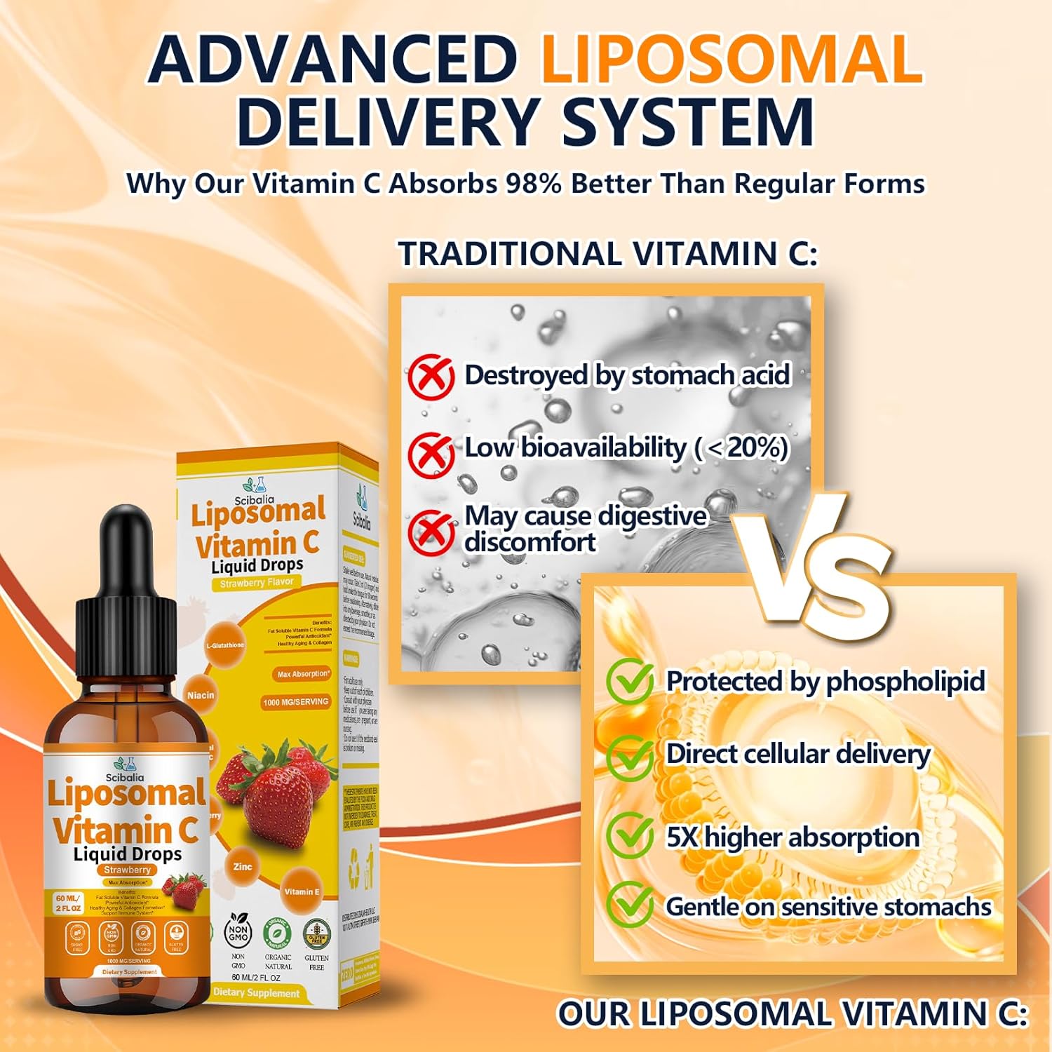 Liposomal Vitamin C 1000mg Drops High Potency 6-in-1 Fat Soluble VIT C w. Zinc Elderberry Glutathione Niacin for Immune Support Antioxidant Collagen Production丨High Absorption Liquid Vitamin C Formula - Image 5