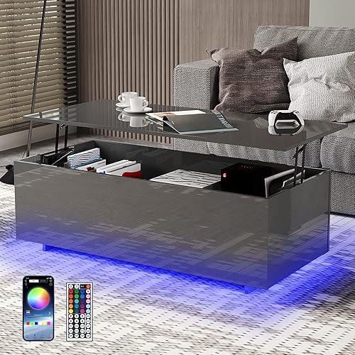 Led Coffee Tables for Living Room - High Gloss Table with Led Lights, 20 Colors Controlled by Remote or App, 47'' Lift Top Coffee Table with Storage Hidden Compartment,Gray