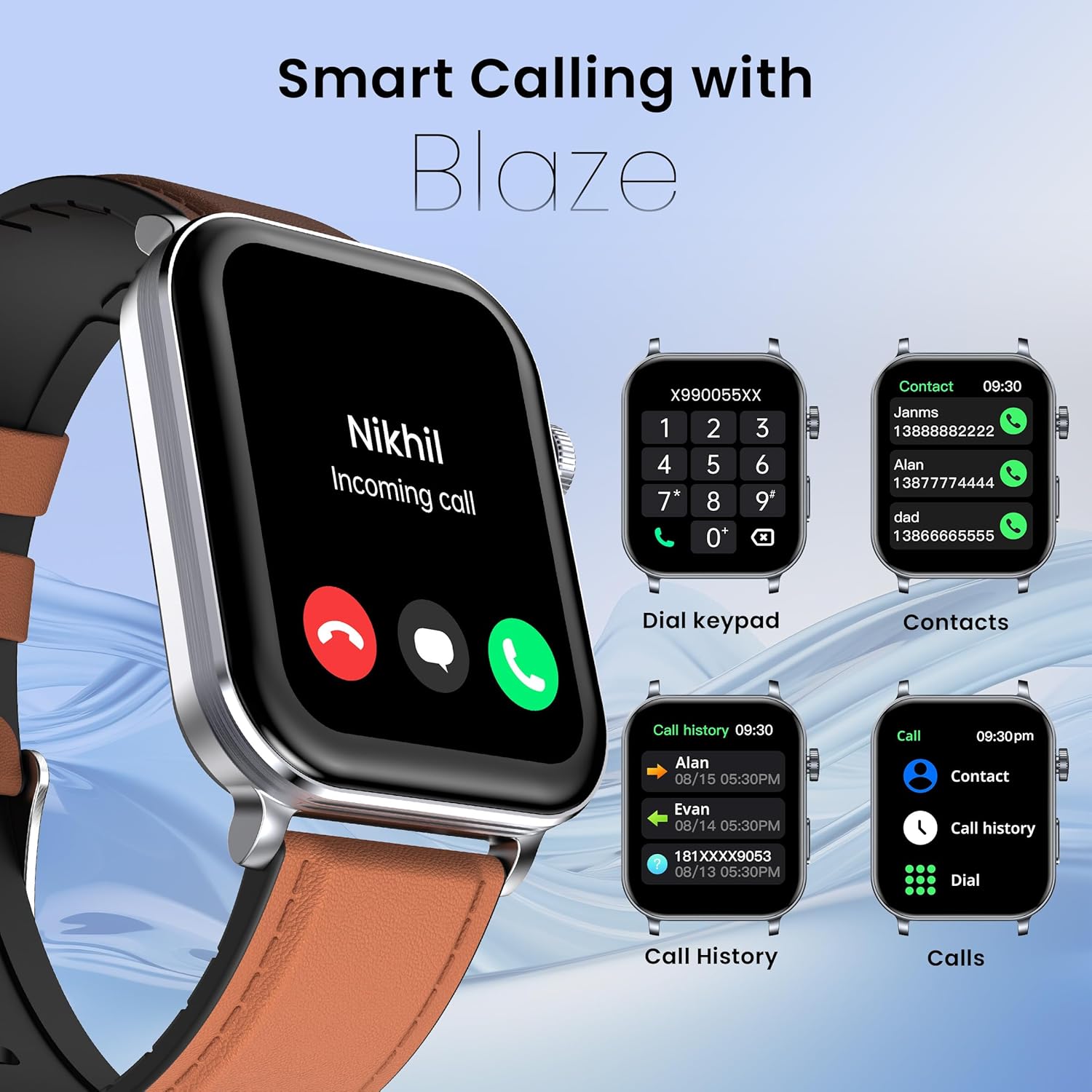 CELLECOR M9 Pro Blaze showing an incoming call and various call-related screens like dial pad and contacts