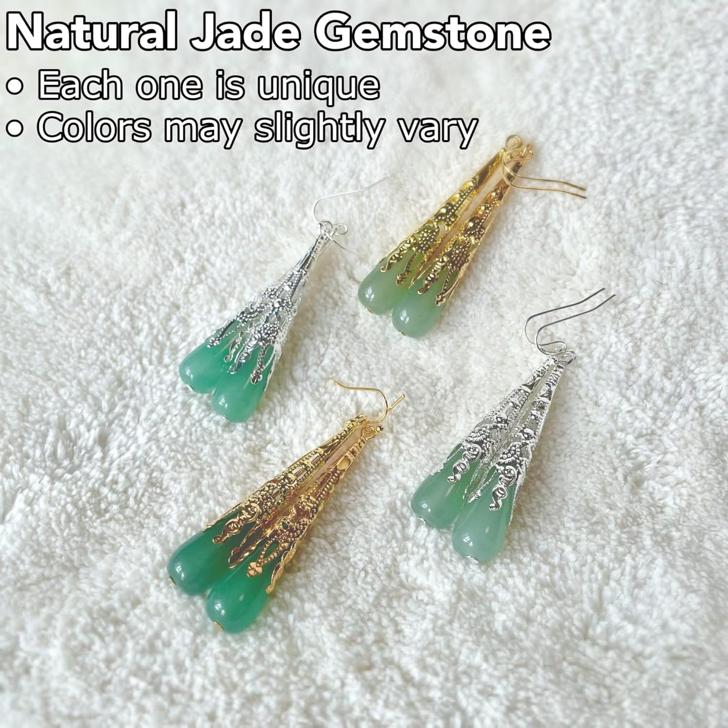 Natural Jade Long Teardrop Statement Earrings, Genuine Green Jade Dangle Earrings in Gold/Silver Plated, Birthstone Jewelry, Gifts for Mom Women Girls - Image 6