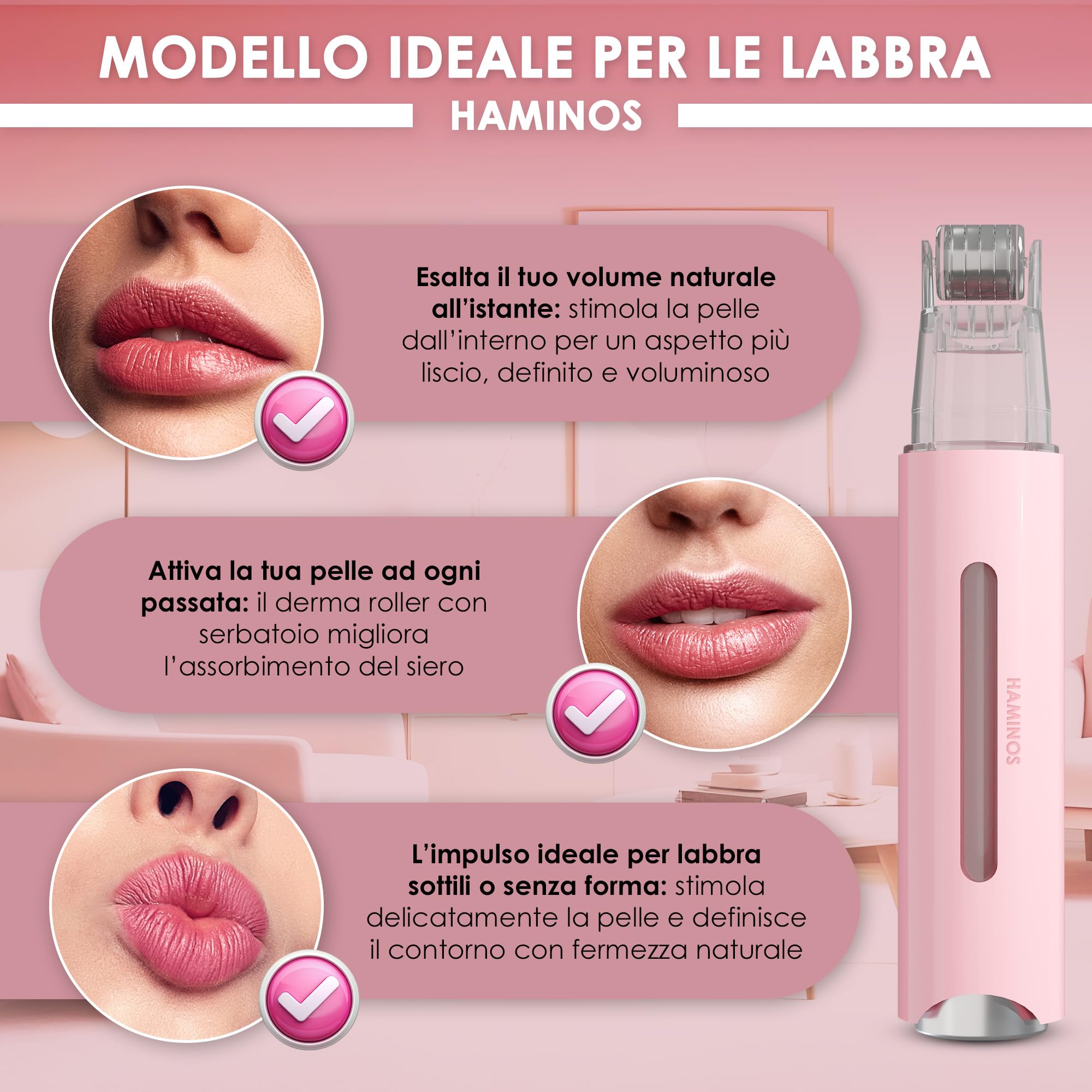 HAMINOS Derma roller 0,25 mm 2.0 con Serbatoio per Labbra, Pelle, Capelli, Rughe, Smagliature, Iperpigmentazione APPLICAZIONE DEL SIERO ISTANTANEO, 105 aghi in titanio