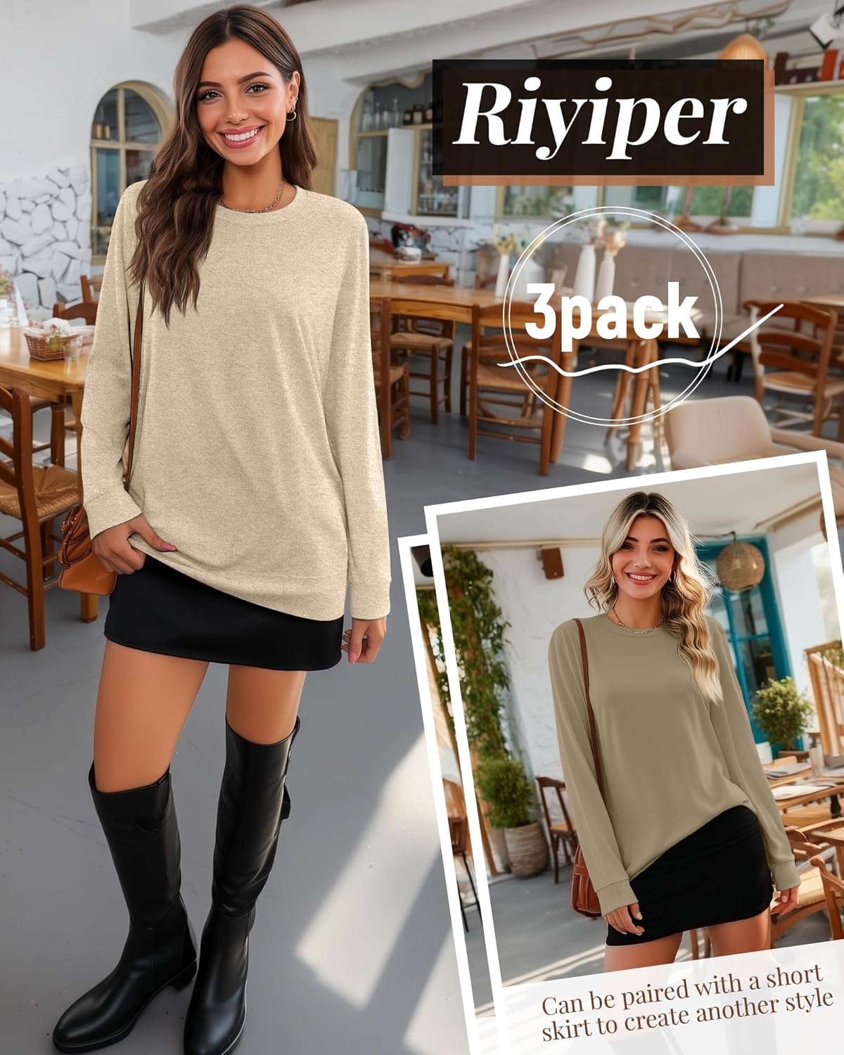 Riyiper 3 Pack Women's Long Sleeve Sweatshirts, Crew Neck Pullover Shirts Loose Casual Lightweight Fall Tops 2026 Trendy - Image 3