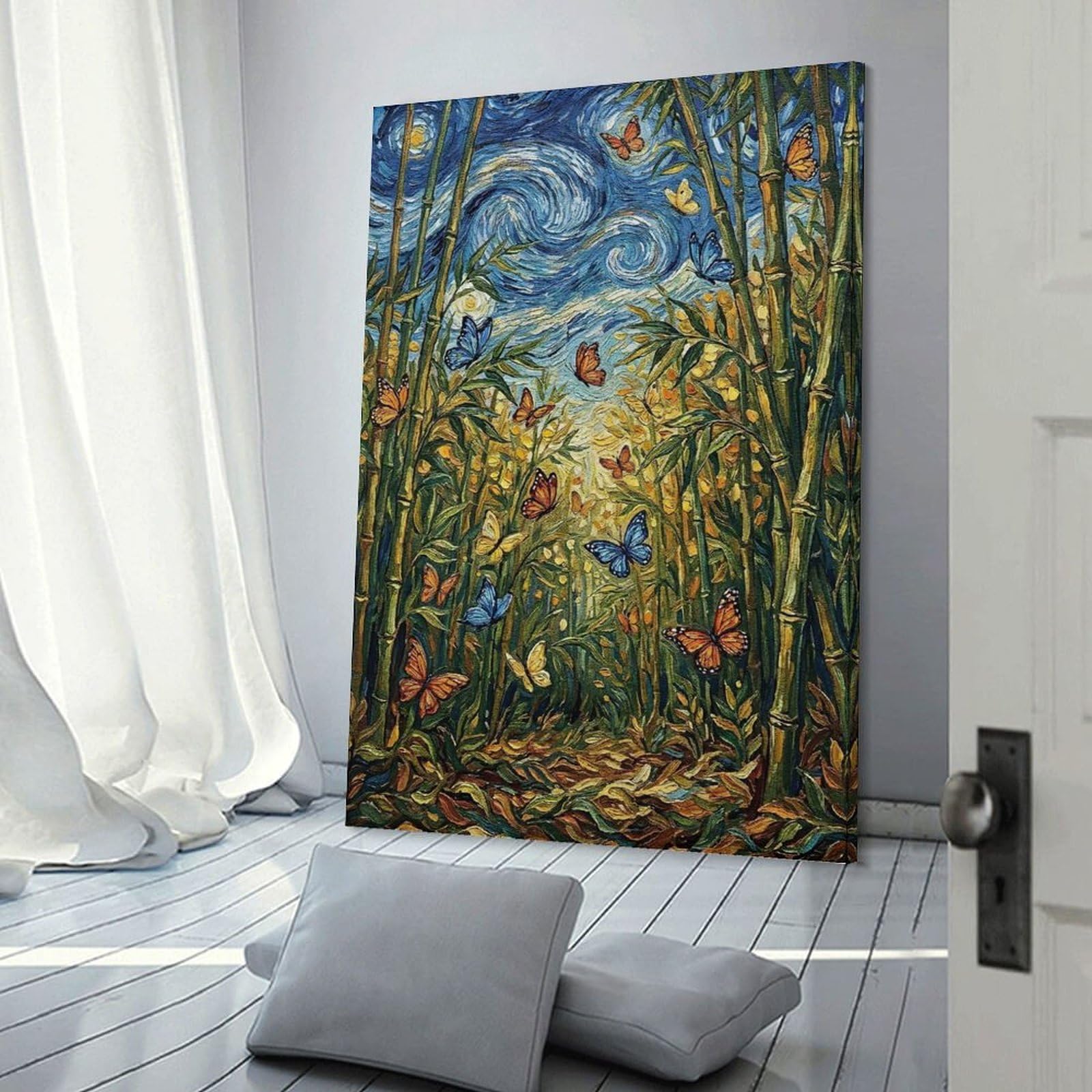 Junmoney Room Decor Wall Art Bamboo Forest with Butterflies Painting, 08x12inch(20x30cm), for Home Office, Desk Area Or Studio, An Interior Accent for Desk Areas