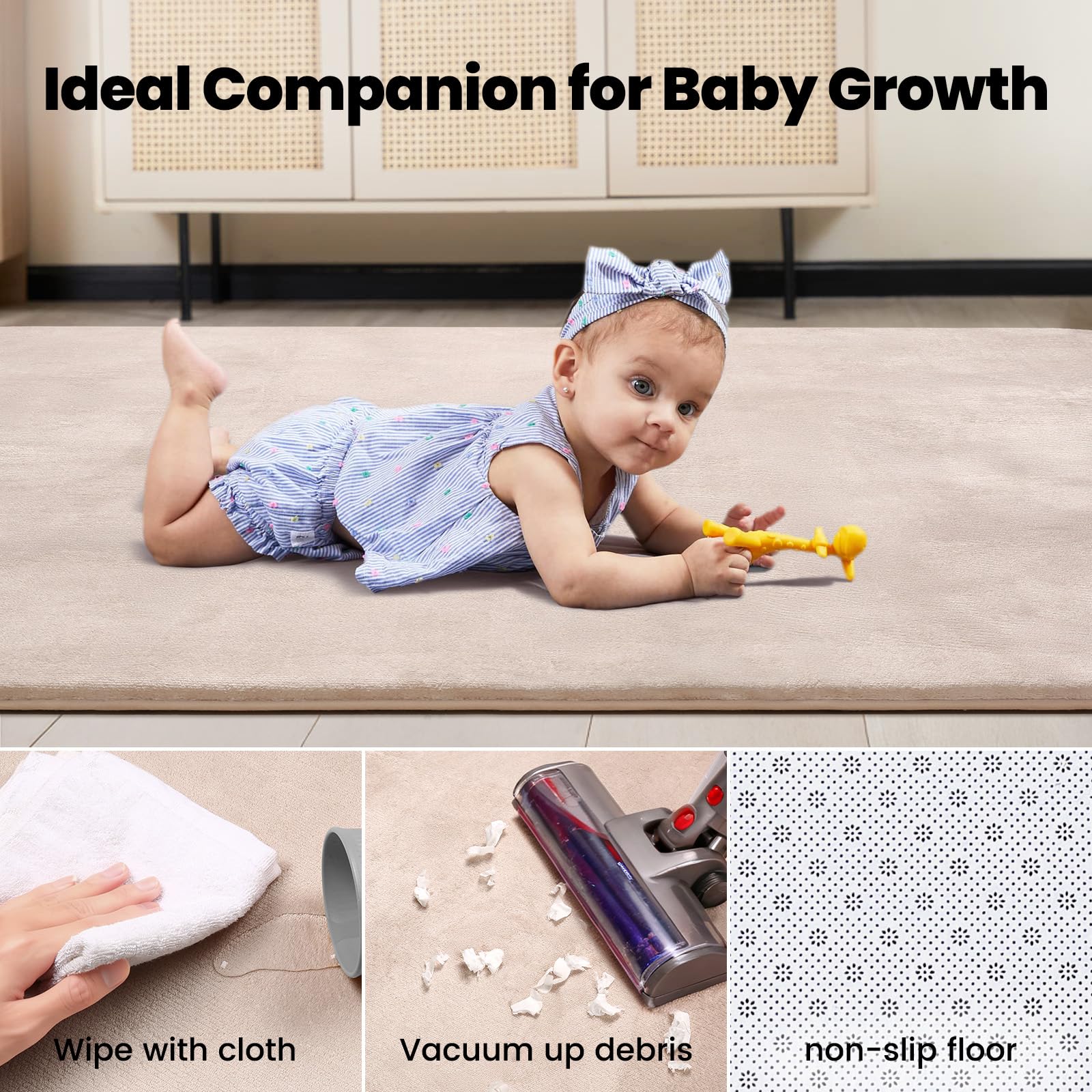 Baby-Spielmatte, 150 x 200 cm, 3 cm dicke Schaumstoff-Spielmatte, ultraweiche Unterstützung und Plüsch-Gefühl, leicht zu reinigen, Baby-Krabbelmatte mit rutschfester Unterseite, Beige