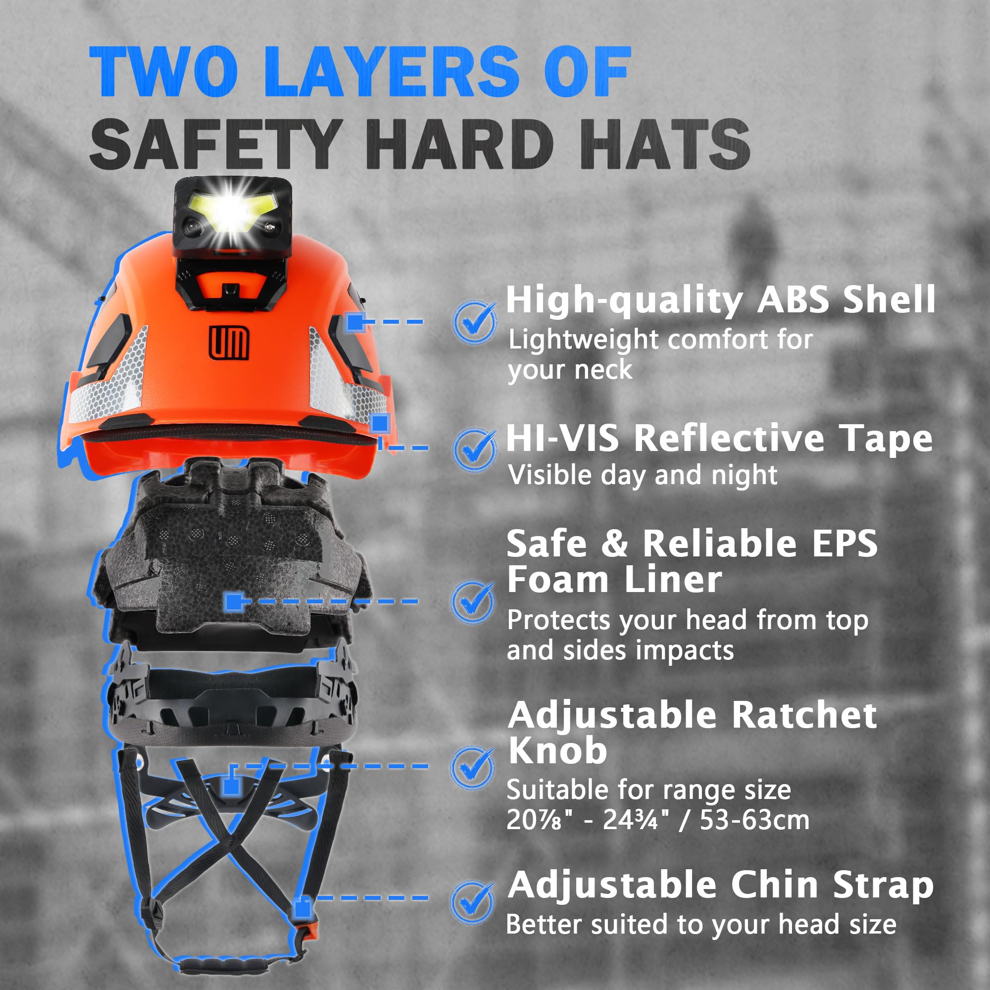 UM ULTRAMAXX Casco di sicurezza certificato ANSI tipo II, classe C, con faro (arancione)