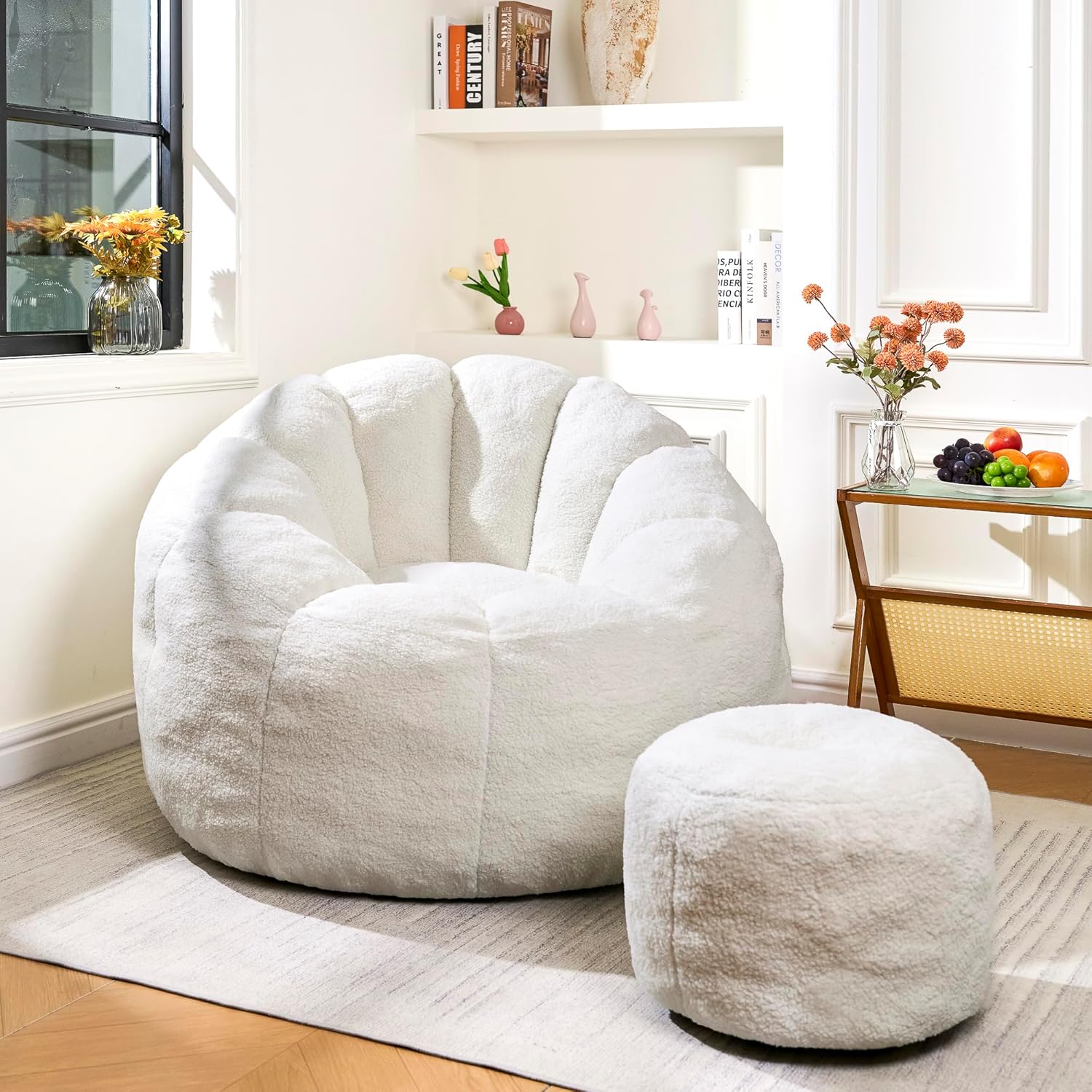 Bean Bag Chair for Adults, Gaint Beanbag Chair with Ottoman, Comfy Lazy Bean Bag Reading Chair for Living Room, Bedroom, White