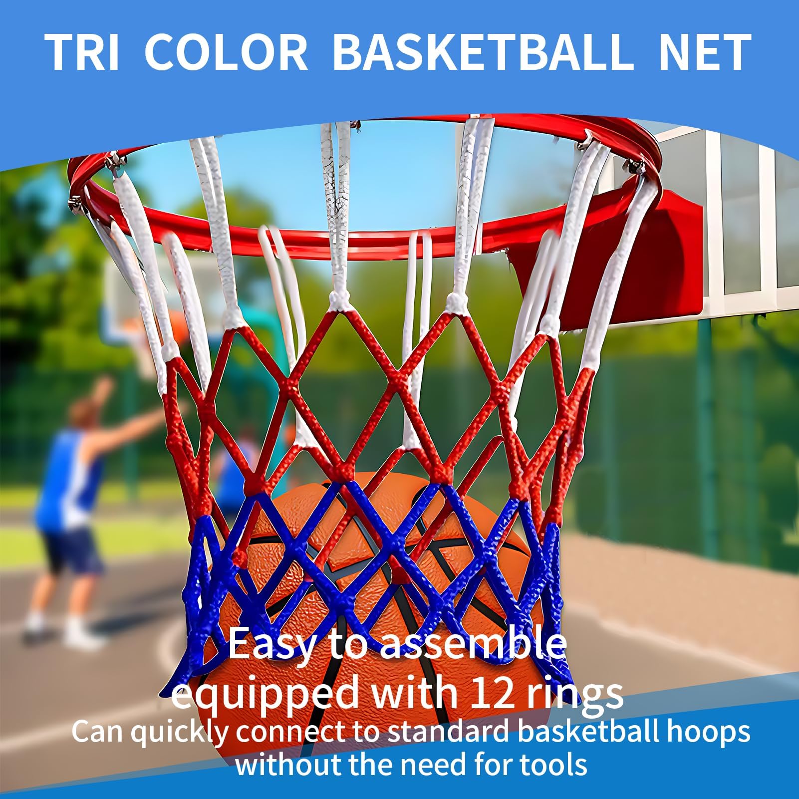 Filet de Basket-Ball Tricolore en Polyester 53 cm pour Panier - Anneaux Métalliques 45 cm - Officiel Compétitions