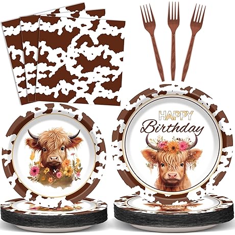 ZOIIWA 96 Pcs Highland Cow Party Supplies | Western Farm Animals Decor