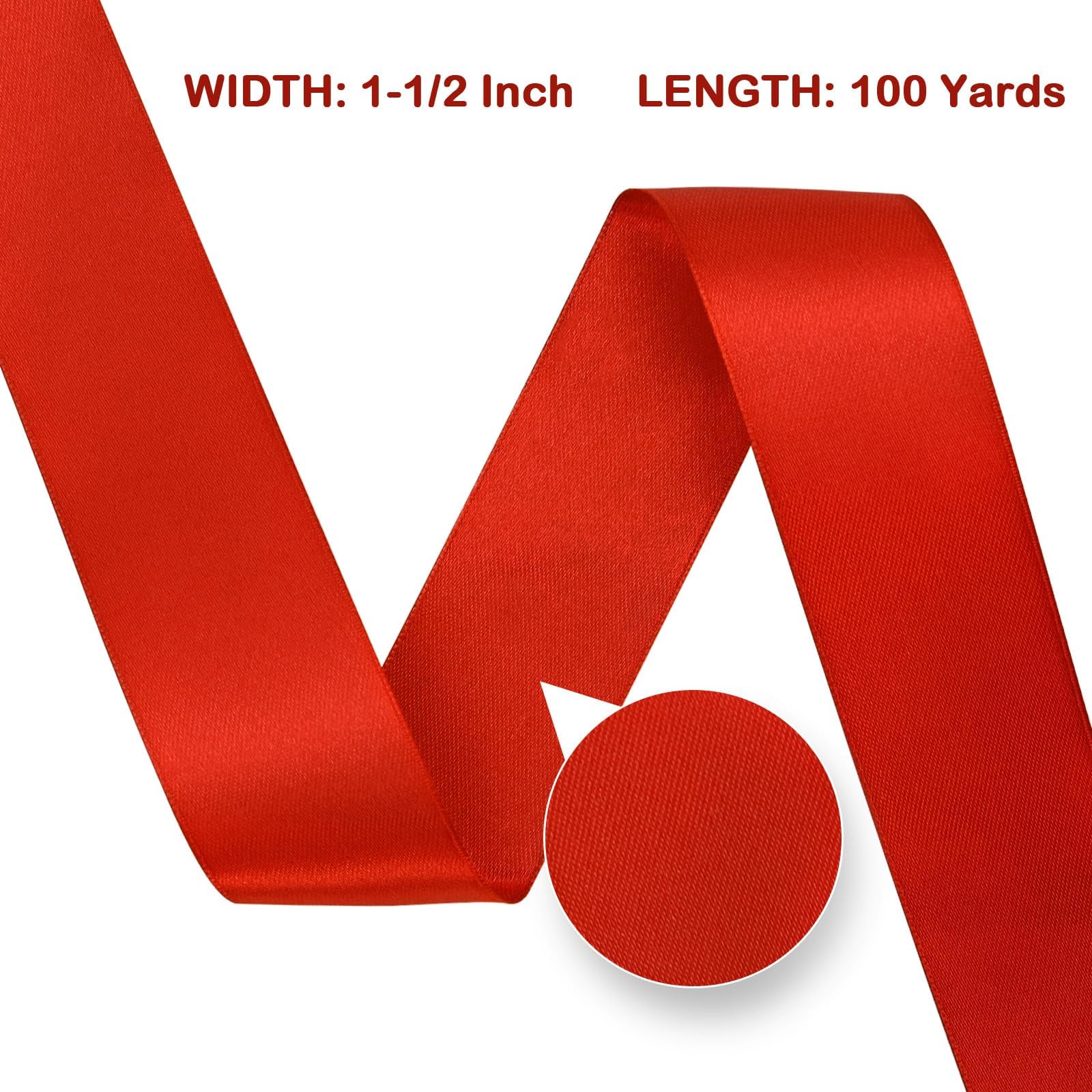 Cinta de satén rojo de doble cara de 1-1/2 pulgadas x 100 yardas, ideal para envolver regalos, ramos de flores, manualidades, costura, bodas, arreglos florales y lazos
