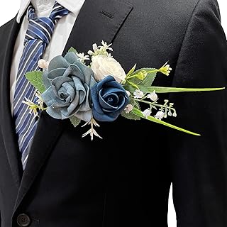 Pocket Boutonniere for Men, Dusty Blue Rose Flowers Groom and Groomsmen Pocket Boutonniere for Wedding Prom Ceremony Formal Dinners Anniversary Party (Blue)