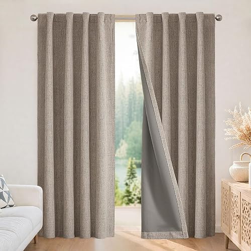 Joydeco - Cortinas 100% opacas, 2 paneles de lino natural para oscurecer habitaciónsala de estar, aislamiento térmico, trabillas traseras y bolsillo