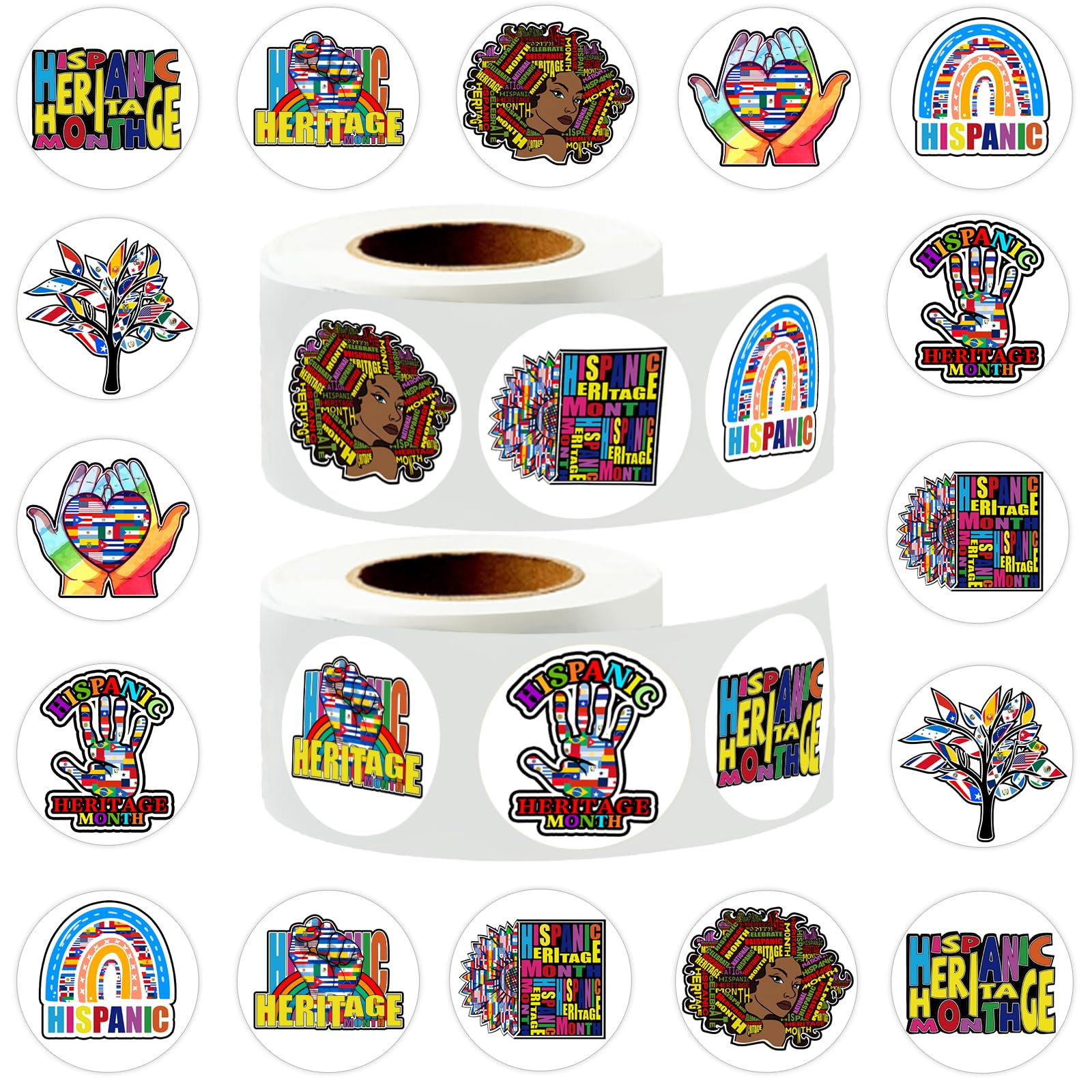 1000 Pcs Hispanic Heritage Month Stickers, 2 Rolls with 8 Patterns,Latin American Countries Flags Sticker for Kids Girls Boys Classroom Rewards Prizes