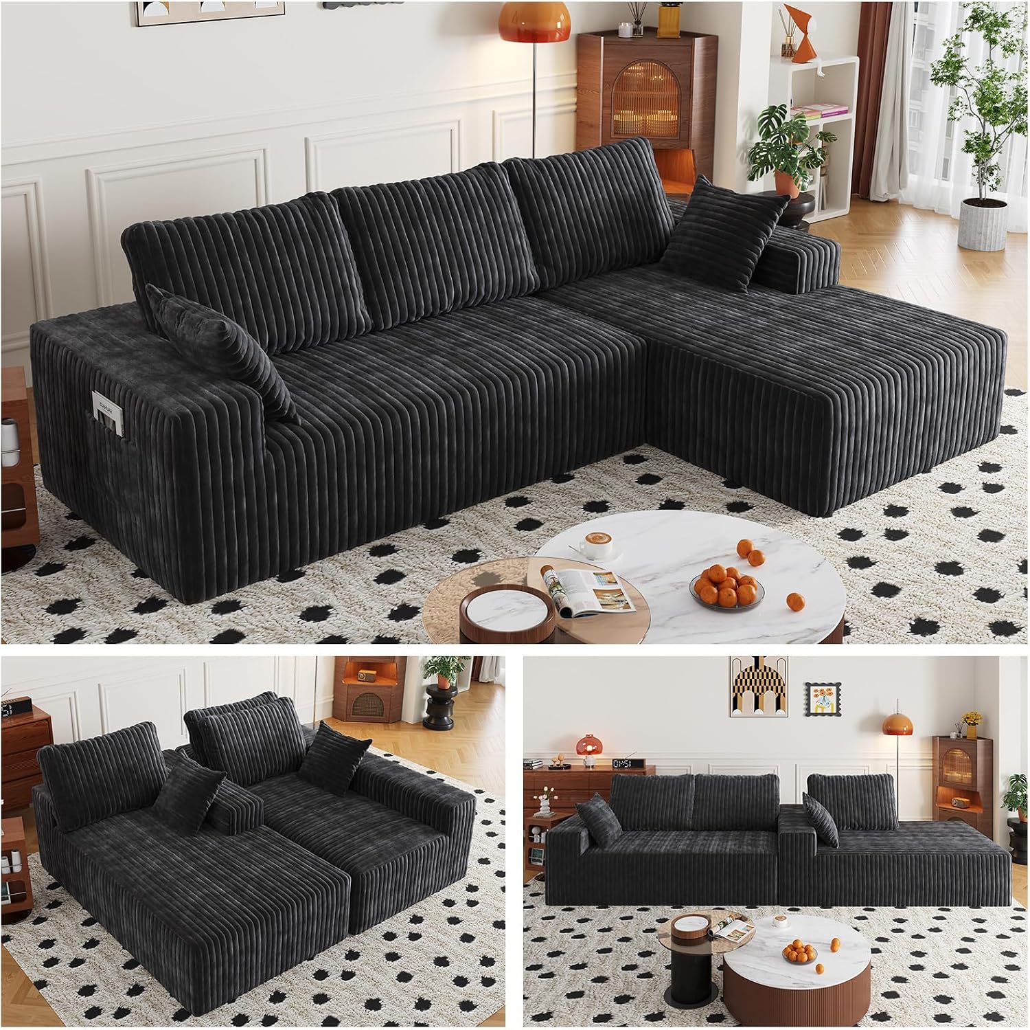 108″ Modular Sectional Cloud Couch for Living Room Deep Seat L Shapes Boneless Couch with Oversized Chaise Lounge, Comfy Memory Foam Flannel Fabric Sofa for Bedroom Apartment, No Assembly Required