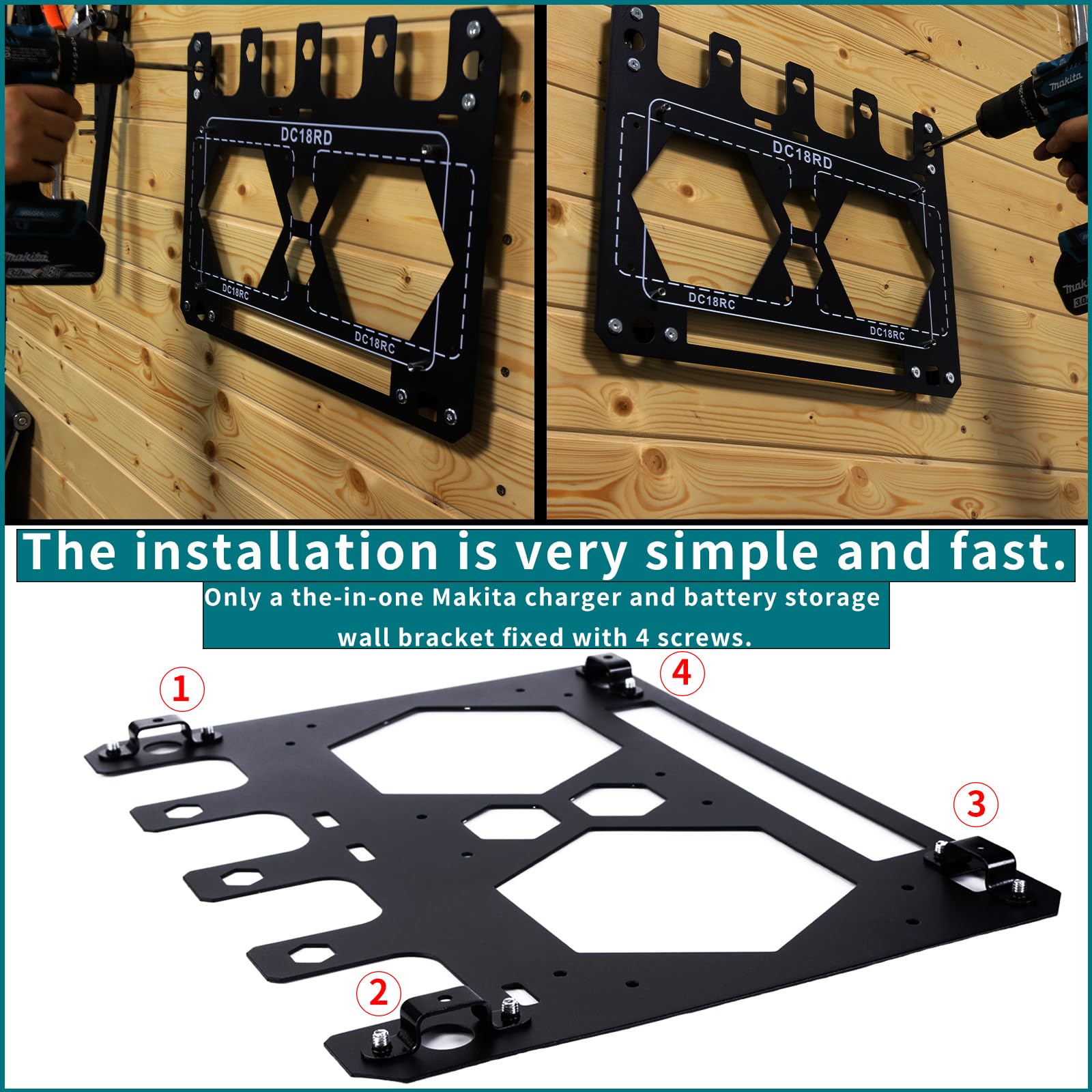 Wandhalterung für Makita Akkus und Ladegeräte – 2 mm Eisen mit Premium Montagematerial, hochwertige Makita Akku Halterung, passend für 4 Akkus (14,4V/18V), DC18RC/DC18RD Ladegeräte & 2 Bohrschrauber