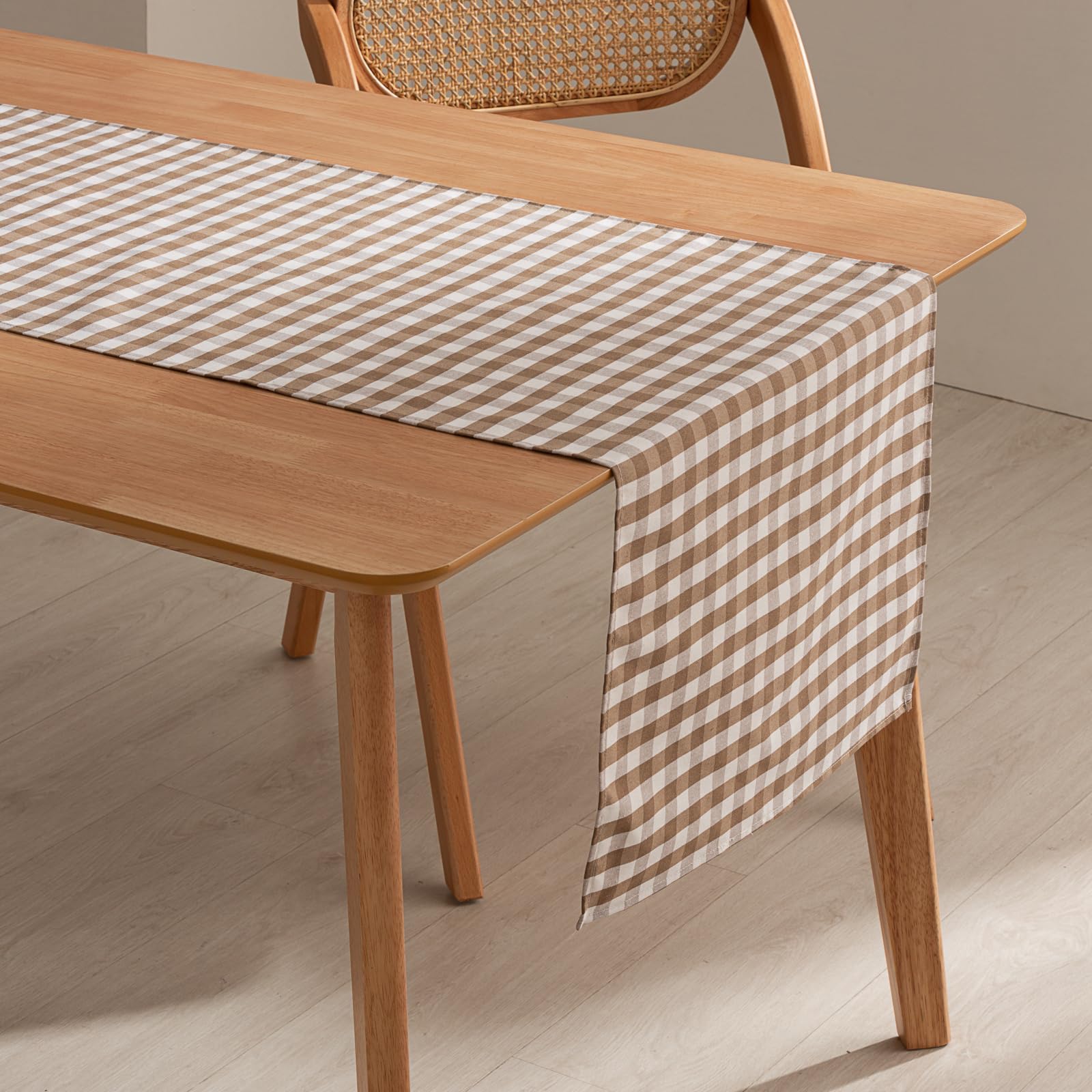 Gamusi Taupe Rectangular Table Runner Stain Resistant Waterproof Vichy Checkered 45 X 170 Cm Fabric Cotton Feel Breathable And Soft,