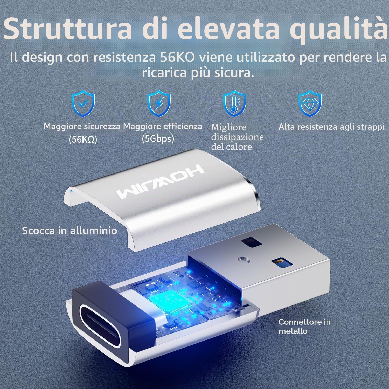 Adattatore da USB a USB C 2 Pezzi, Ricarica Rapida PD27W/66W QC100W, Trasferimento Dati 5Gbps, Adattatore da Type C Femmina a USB3.0 Maschio Argento