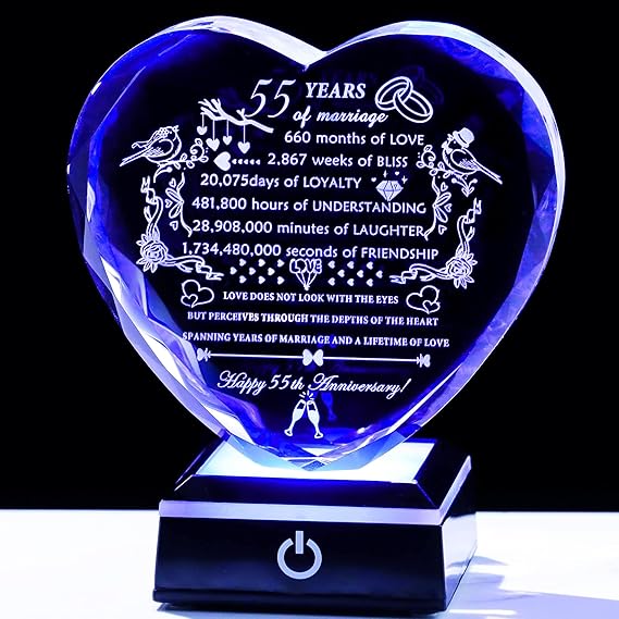 YWHL 55th Wedding Anniversary Heart Gifts with Colorful LED