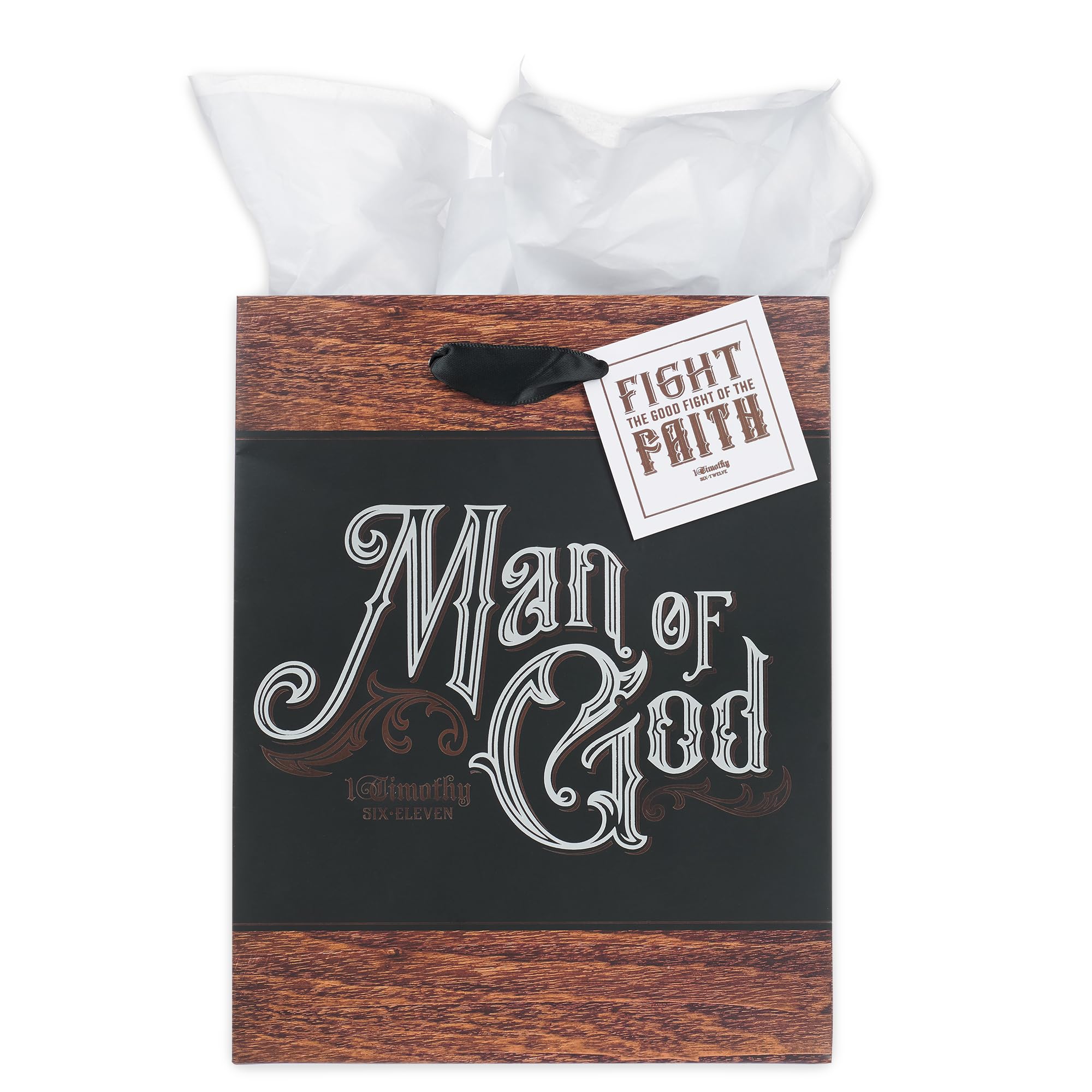 Christian Art Gifts Medium Portrait Scripture Gift Bag, Tag & Wrapping Tissue Paper Set for Men: Man of God, Matted, Satin Handles, Black/Brown/Silver