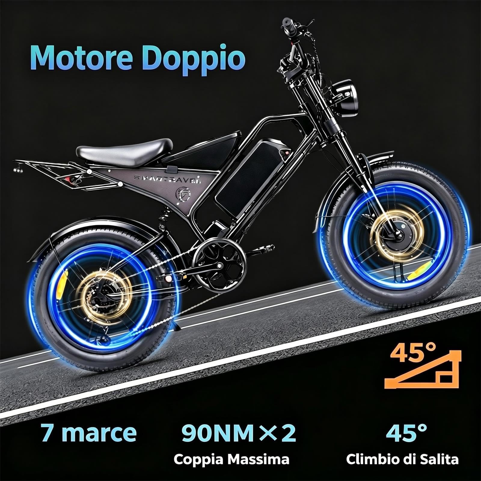 La bici elettrica DK400Max è dotata di due motori, una batteria rimovibile da 48 V 20Ah e pneumatici fuoristrada a sospensione completa da 20×4 pollici, che la rendono adatta a tutti i tipi di terr