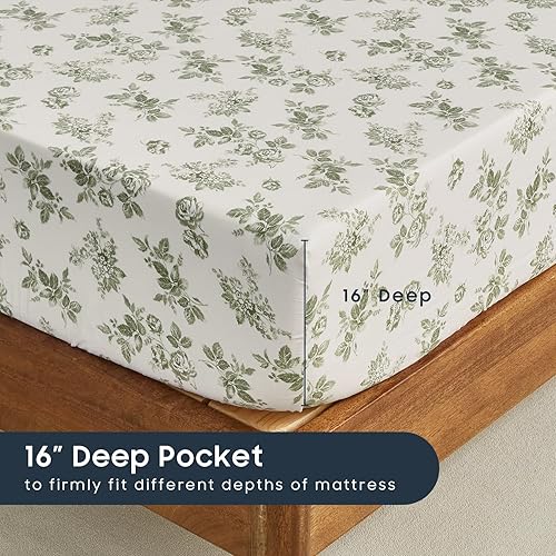 Miniatura 4 de Wake In Cloud - Sábanas de cama tamaño Queen, juego de sábanas de 4 piezas, bolsillo profundo, floral, Shabby Chic Coquette verde salvia flor sobre