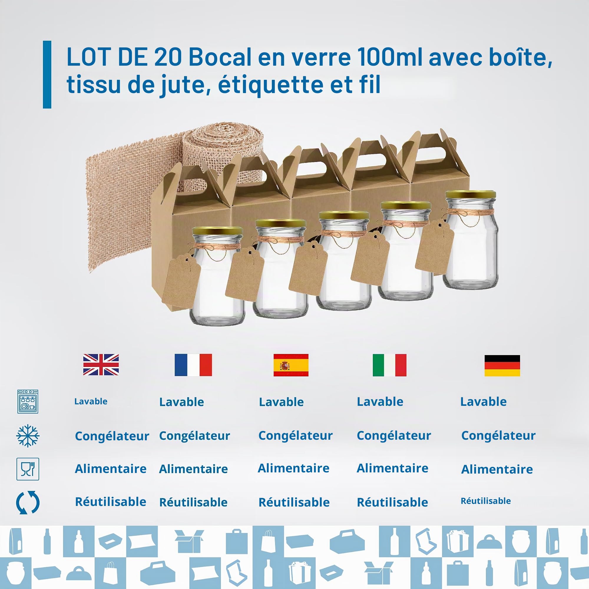 Espirito Rebelde 20 Pots de Conservation en Verre 100 ml avec Courvecle + Boîtes + Étiquettes Kraft + Tissu + Ficelle | Bocaux Alimentaire, Bocaux Sauce Tomate, Bocaux à Confiture, Bocaux pour Miel