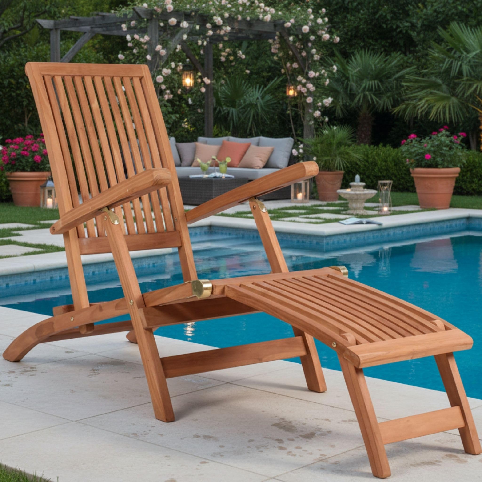 MR. DEKO Deckchair Yacht Teak Holz 170 cm | Sonnenliege Garten Klappbar | Gartenliege Wetterfest Massivholz | Deckstuhl Outdoor Teakholz Balkon | Liegestuhl Terrasse Rostfrei