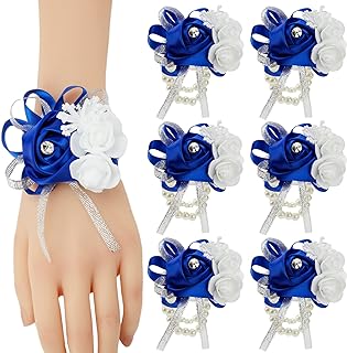 Meldel Prom Flower Wrist Corsages for Wedding, Set of 6, Royal Blue Wrist Corsages for Prom Bridal Bridesmaid Girl, Rose Hand Flower for Wedding Ceremony Anniversary,Dinner Party, Homecoming