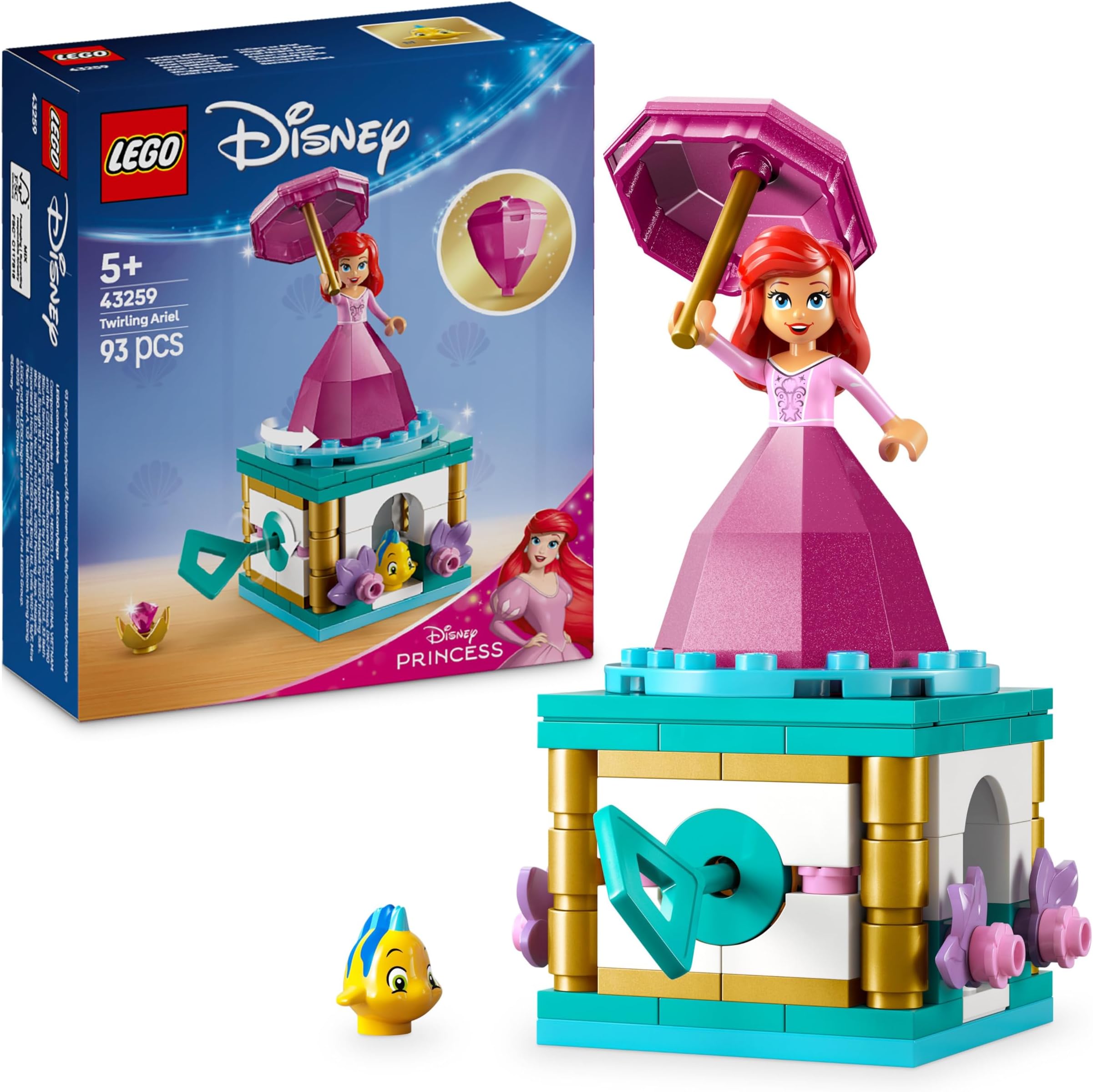 LEGO ǀ Disney Princess Twirling Ariel - Spinning Toy with a Mini Doll & Flounder Figure plus Accessories incl. a Diamond & Key - Gift for 5+ Year Old Girls - 43259