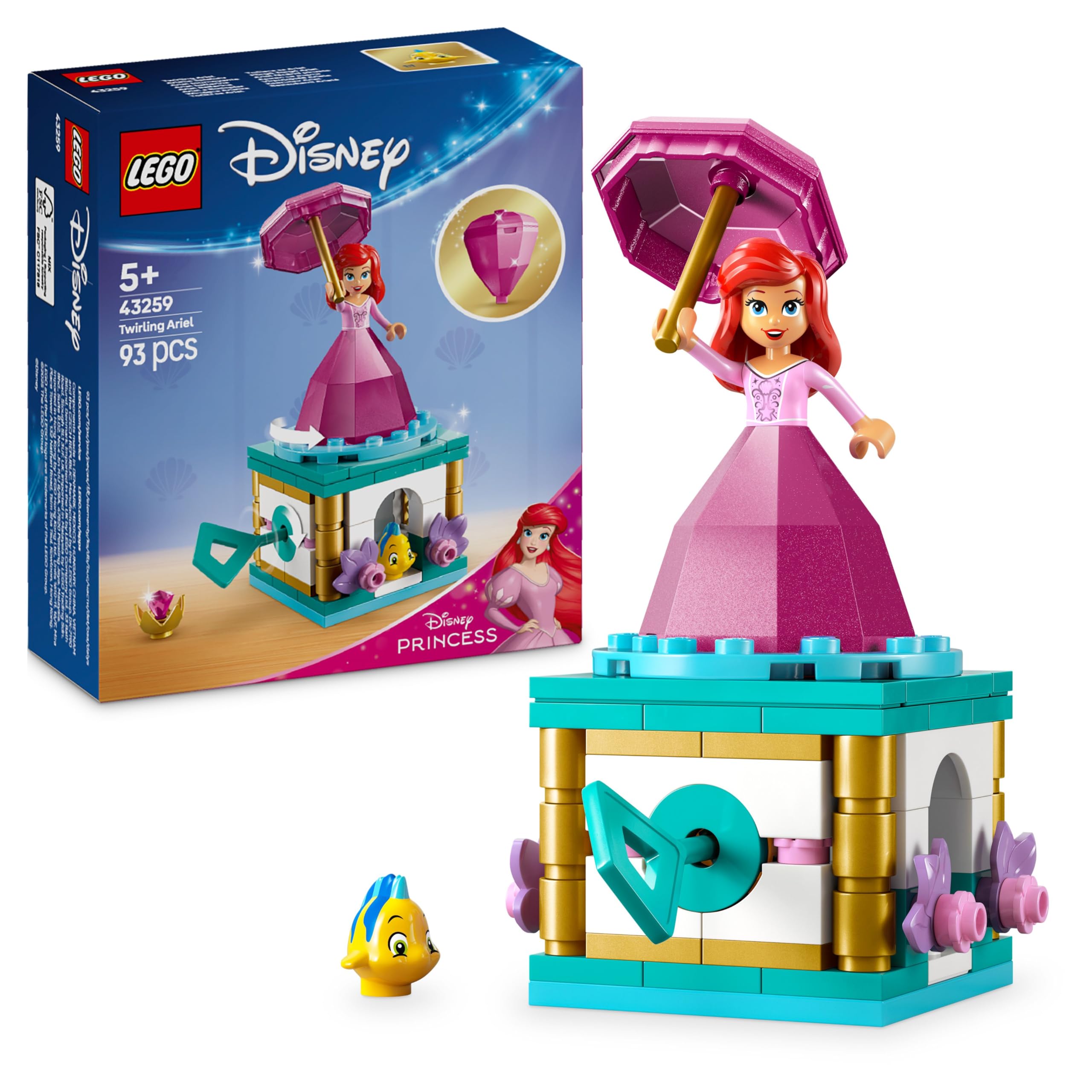 LEGO ǀ Disney Princess Twirling Ariel - Spinning Toy with a Mini Doll & Flounder Figure plus Accessories incl. a Diamond & Key - Gift for 5+ Year Old Girls - 43259