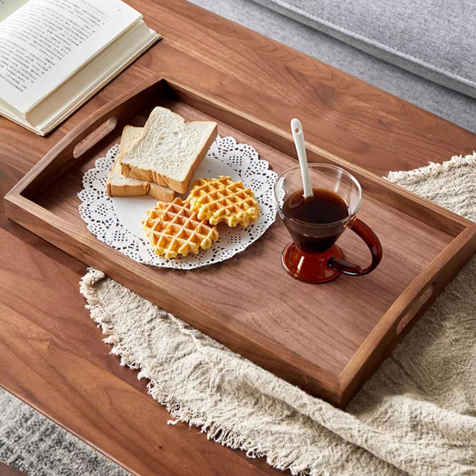 HUHJYUGE Bandeja Madera Rectangular Rustica, Bandeja de Madera con Asas, Bandeja de Madera para Servir Comida, Bandeja de Cocina para Desayuno, Bebidas, Aperitivos (Square/30cm)