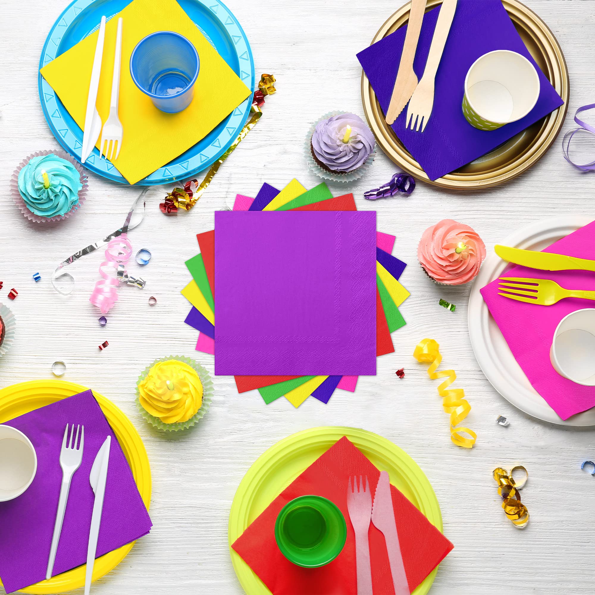 ADXCO 150 servilletas de cóctel de 6 colores neón brillantes, servilletas de papel de 2 capas, servilletas de papel de bebidas arcoíris para el hogar, fiesta, picnic